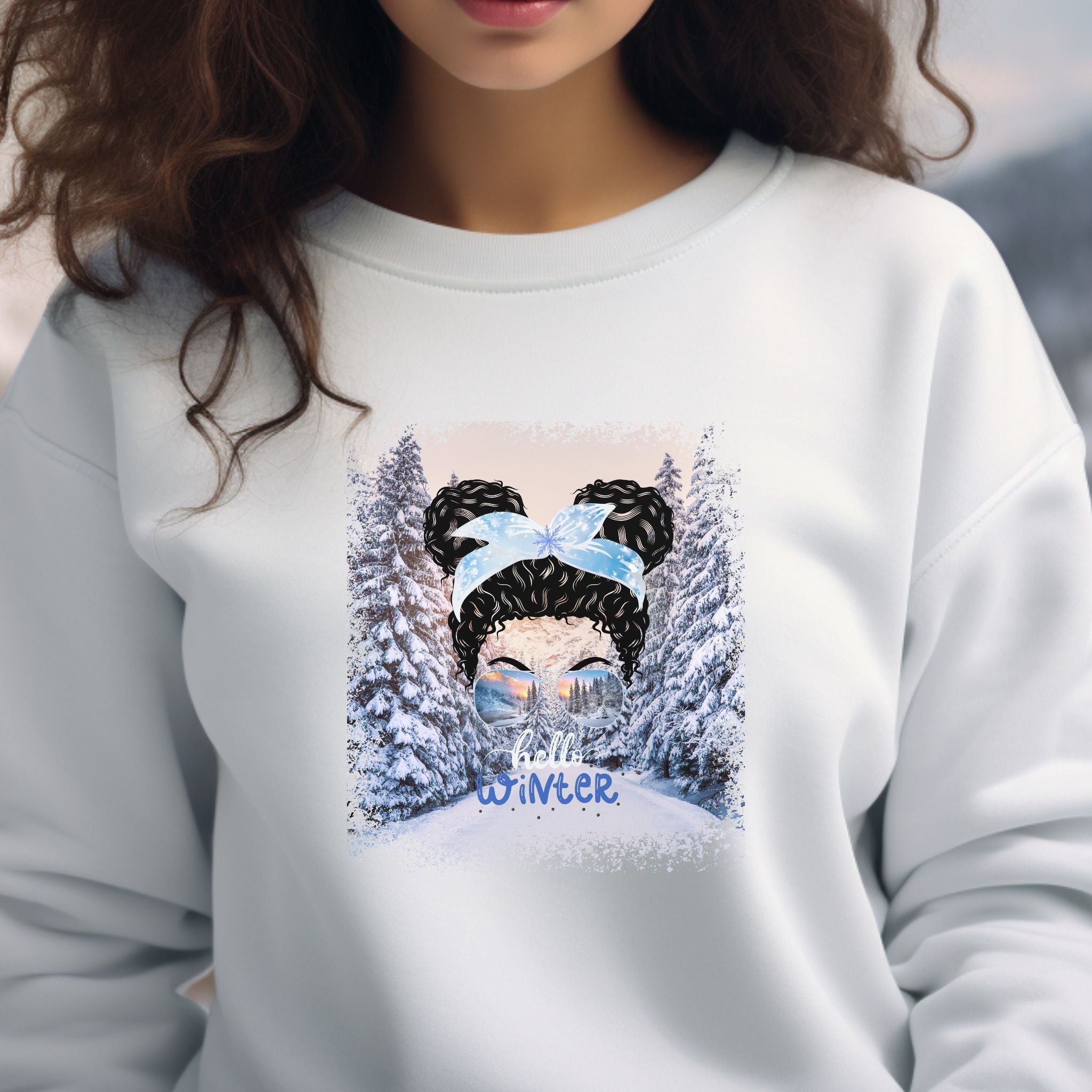 Hello Winter, Winter Trail, Black Hair Messy Bun, Unisex Heavy Blend™ Crewneck Sweatshirt