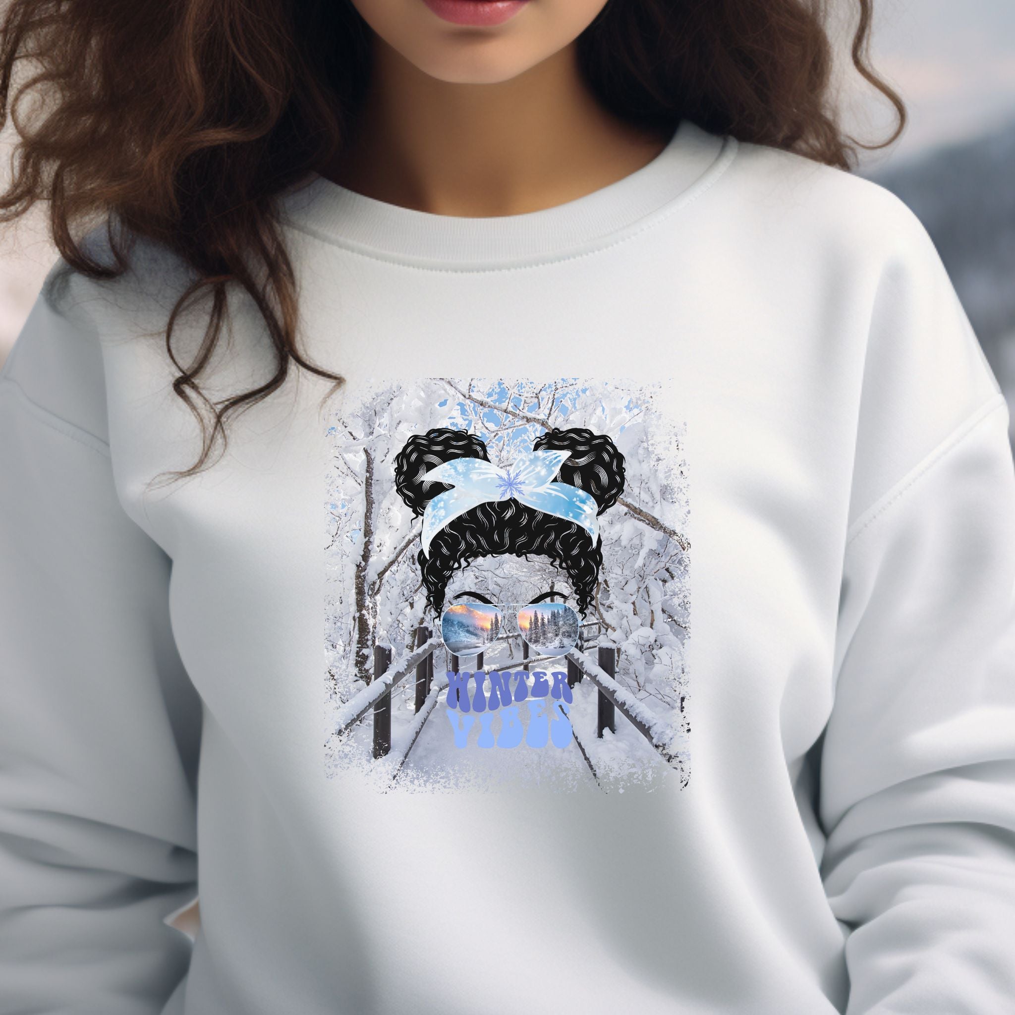 Winter Vibes Winter Hike, Black Hair Messy Bun, Unisex Heavy Blend™ Crewneck Sweatshirt