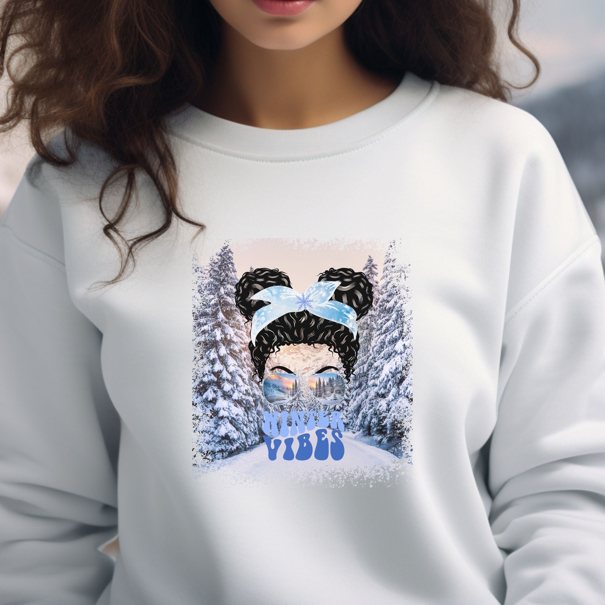 Winter Vibes Winter Trail, Black Hair Messy Bun, Unisex Heavy Blend™ Crewneck Sweatshirt