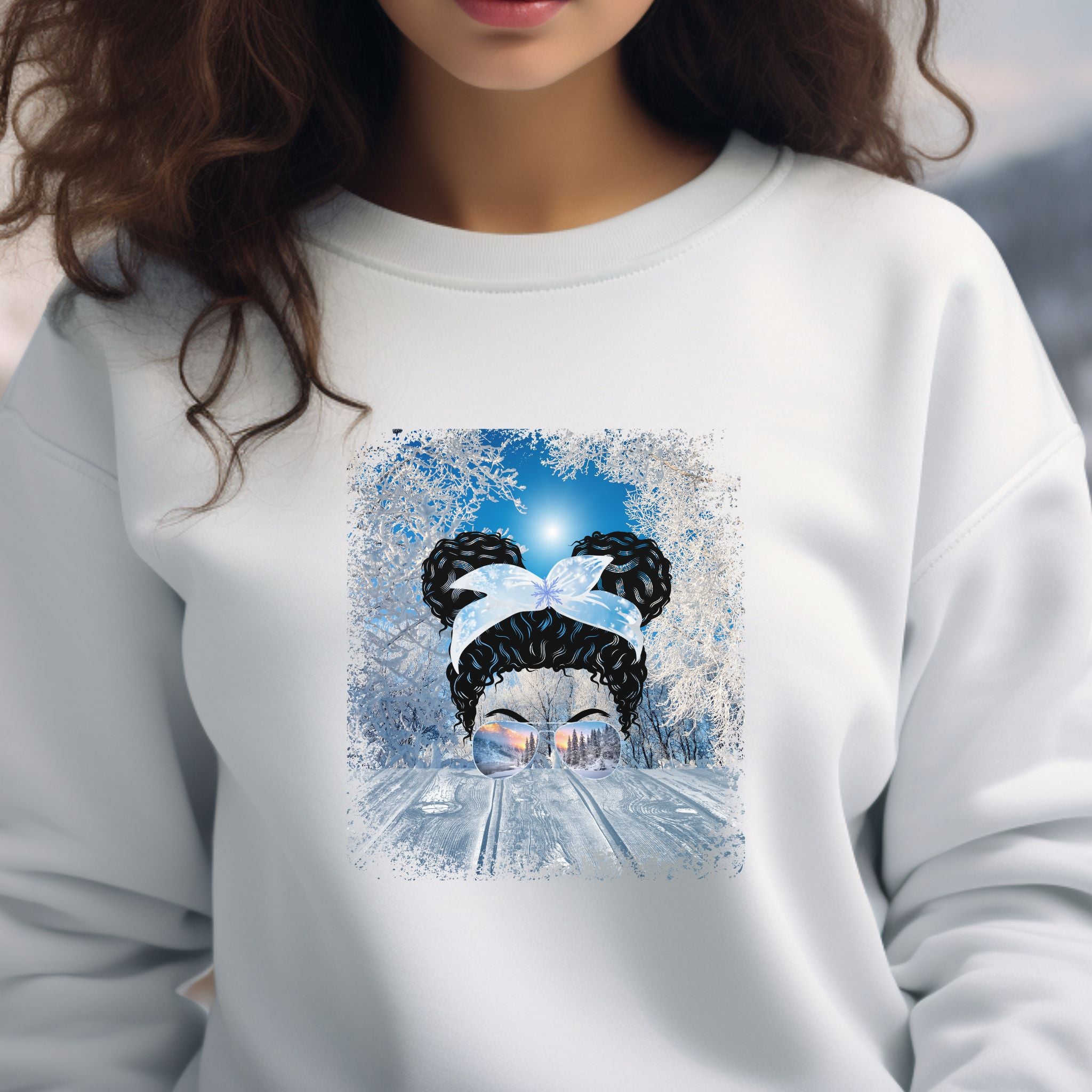 Winter Porch, Black Hair Messy Bun, Unisex Heavy Blend™ Crewneck Sweatshirt