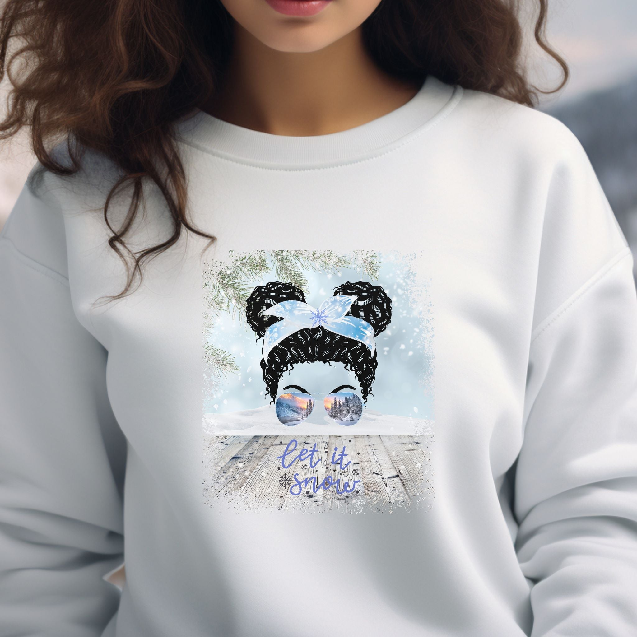 Let it Snow, Snowy Porch, Black Hair Messy Bun, Unisex Heavy Blend™ Crewneck Sweatshirt