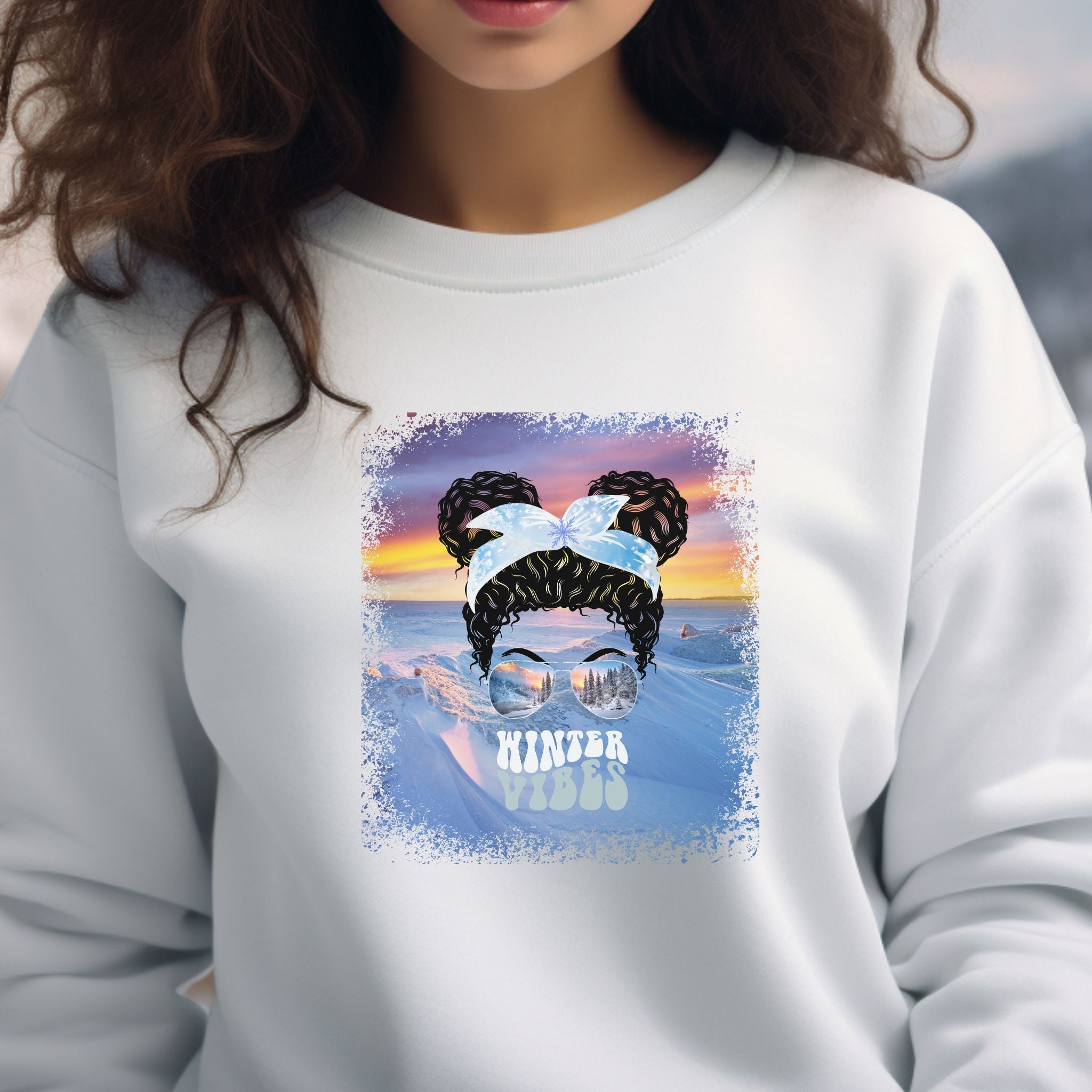 Winter Vibes Winter Mountain, Black Hair Messy Bun, Unisex Heavy Blend™ Crewneck Sweatshirt