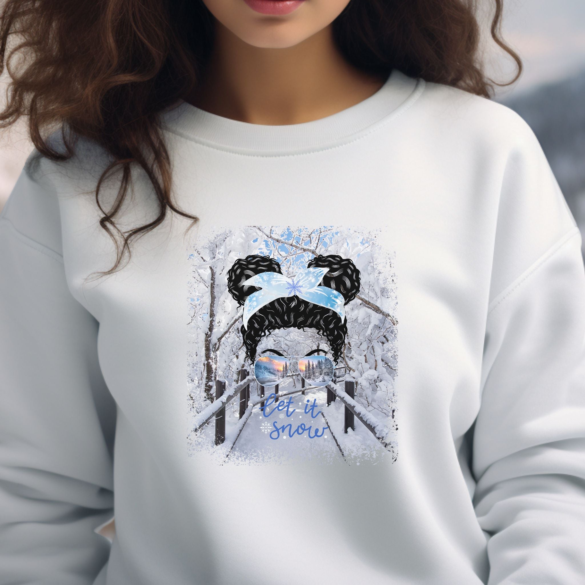 Let it Snow, Winter Hike, Black Hair Messy Bun, Unisex Heavy Blend™ Crewneck Sweatshirt