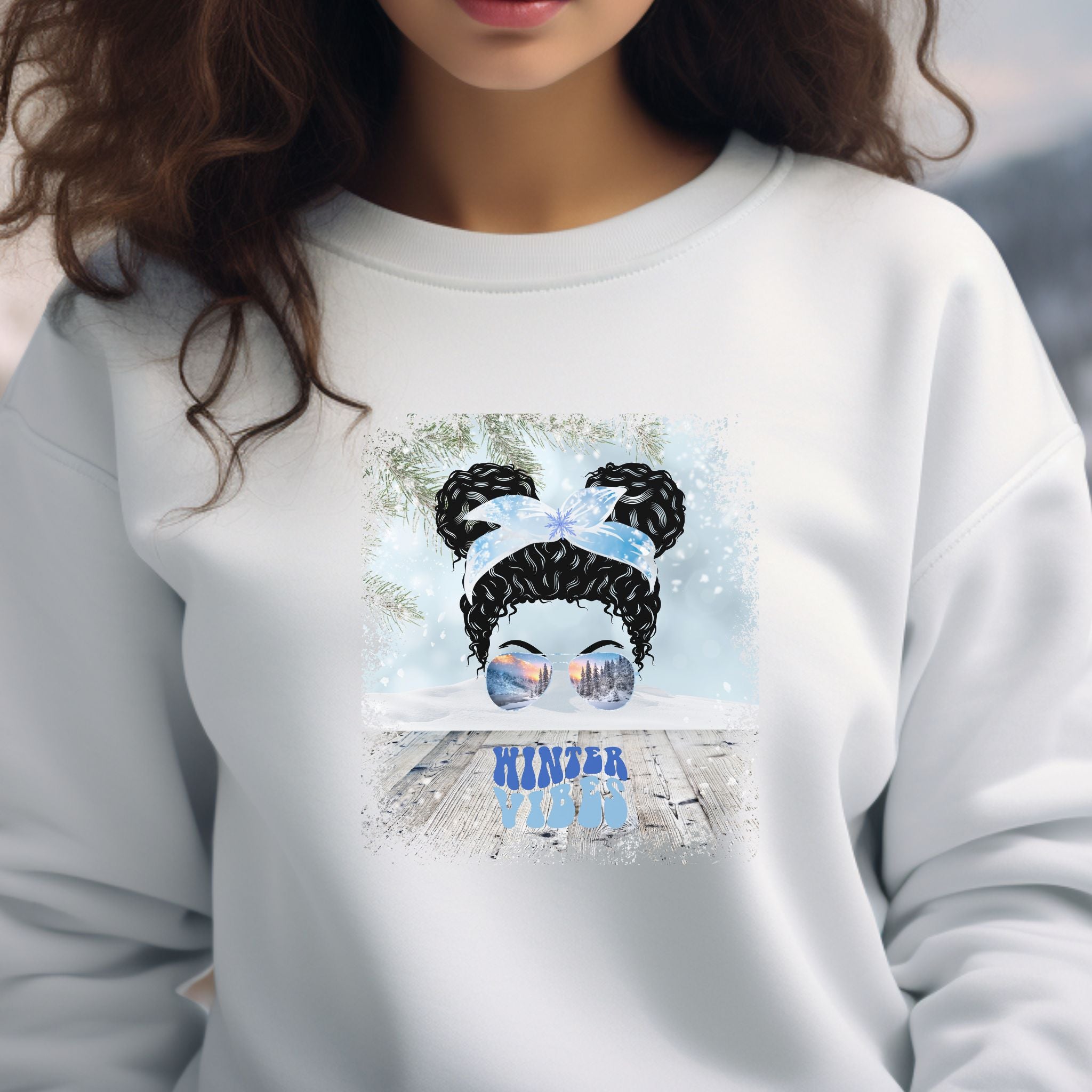 Winter Vibes Snowy Porch, Black Hair Messy Bun, Unisex Heavy Blend™ Crewneck Sweatshirt