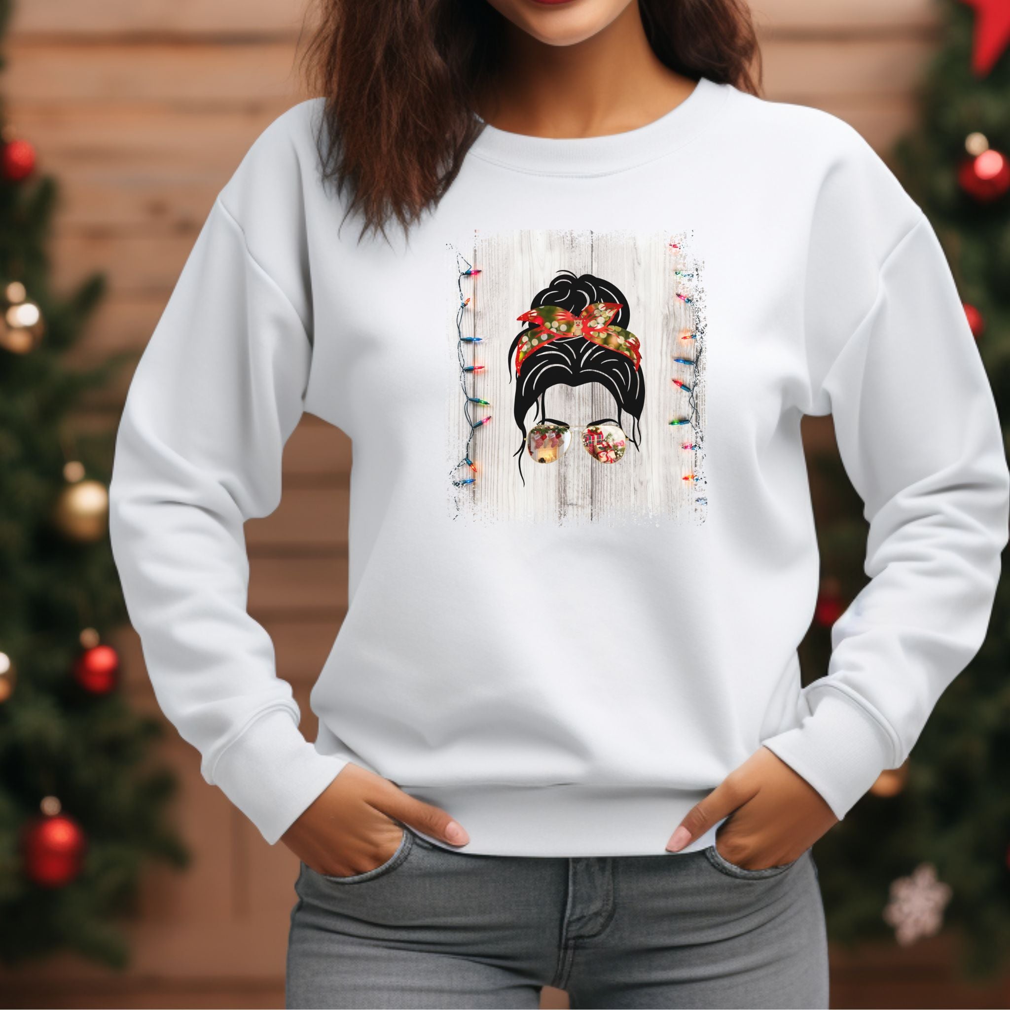 Christmas String Lights, Dark Hair Messy Bun, Unisex Heavy Blend™ Crewneck Sweatshirt