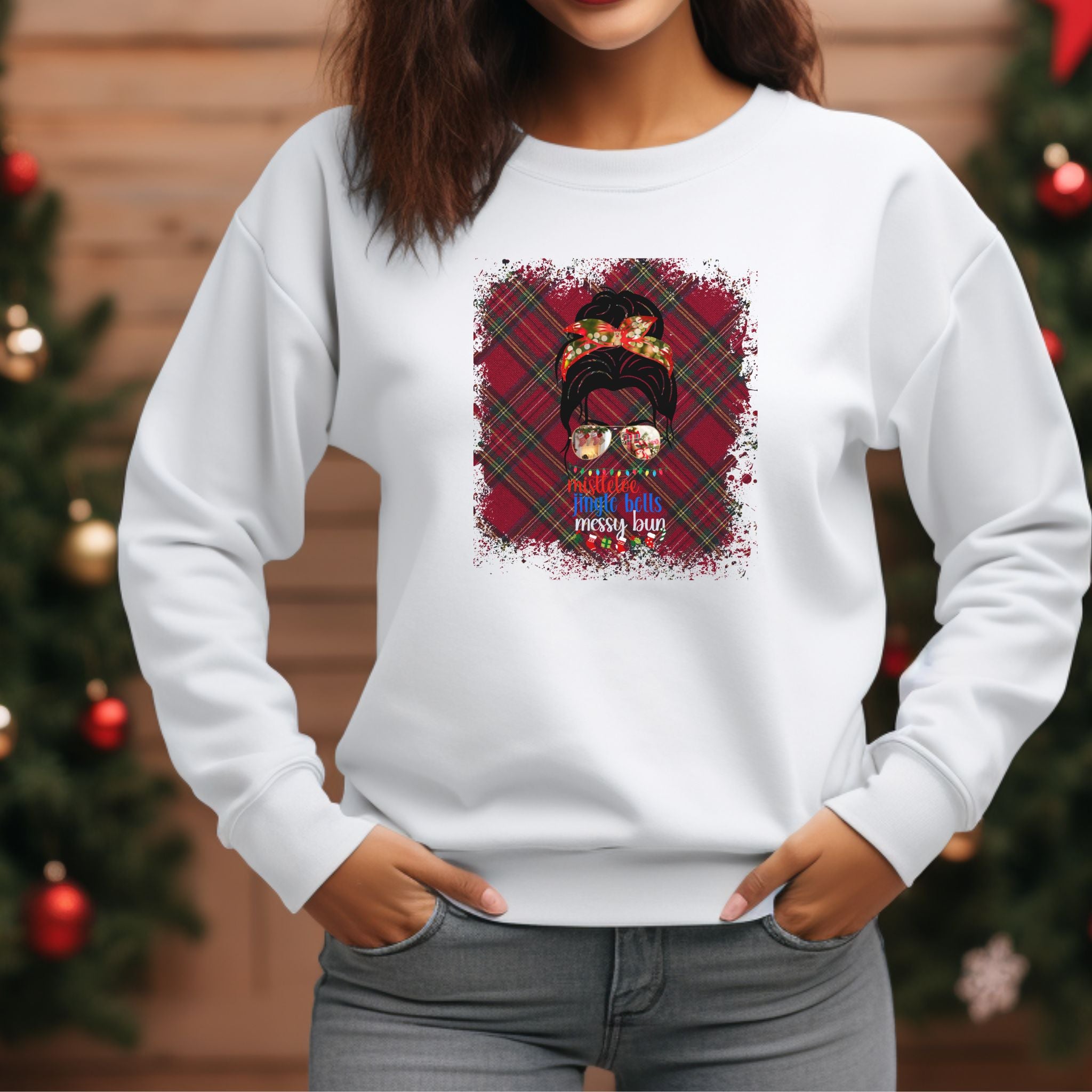 Messy Bun Christmas Plaid, Dark Hair Messy Bun, Unisex Heavy Blend™ Crewneck Sweatshirt