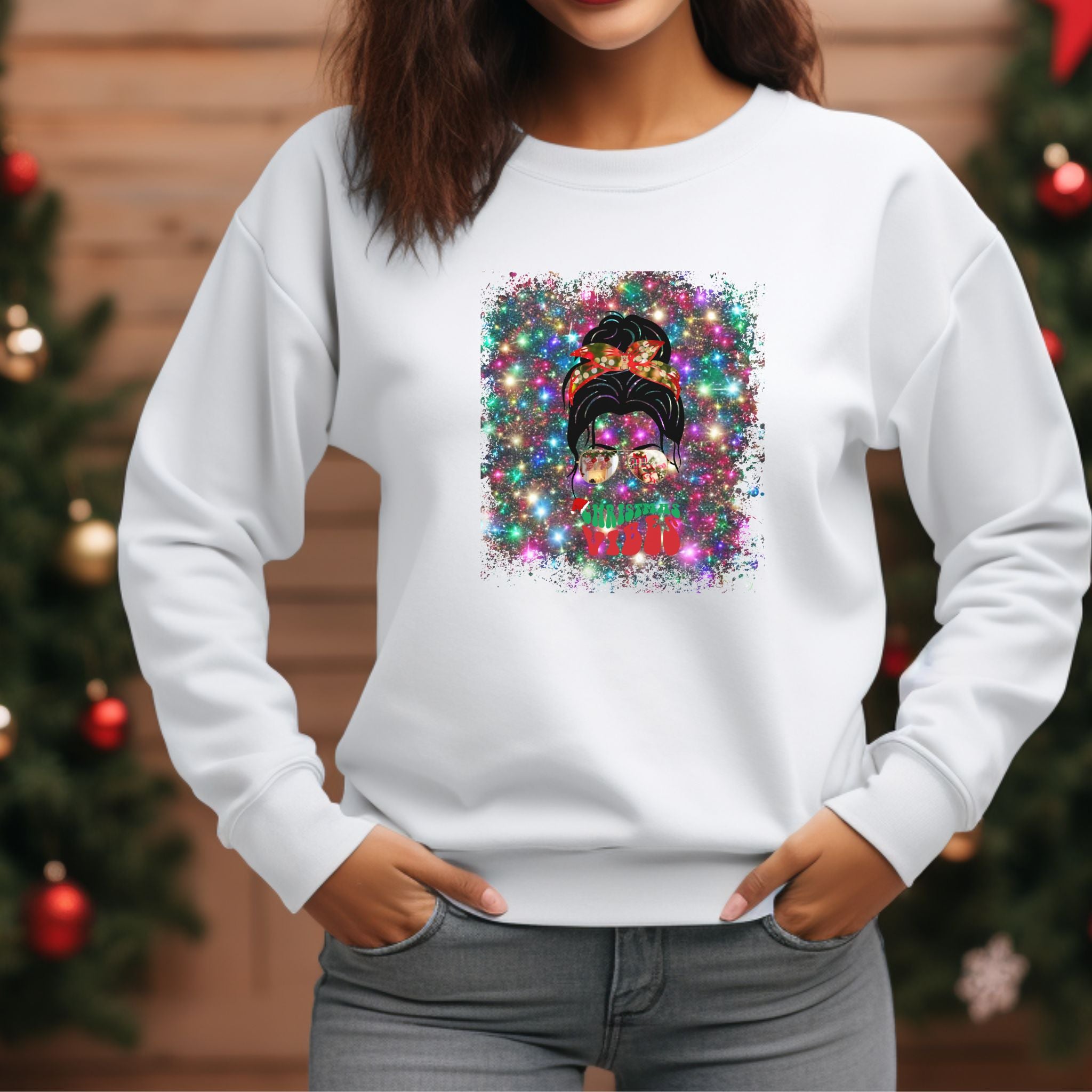 Christmas Vibes Christmas Lights, Dark Hair Messy Bun, Unisex Heavy Blend™ Crewneck Sweatshirt