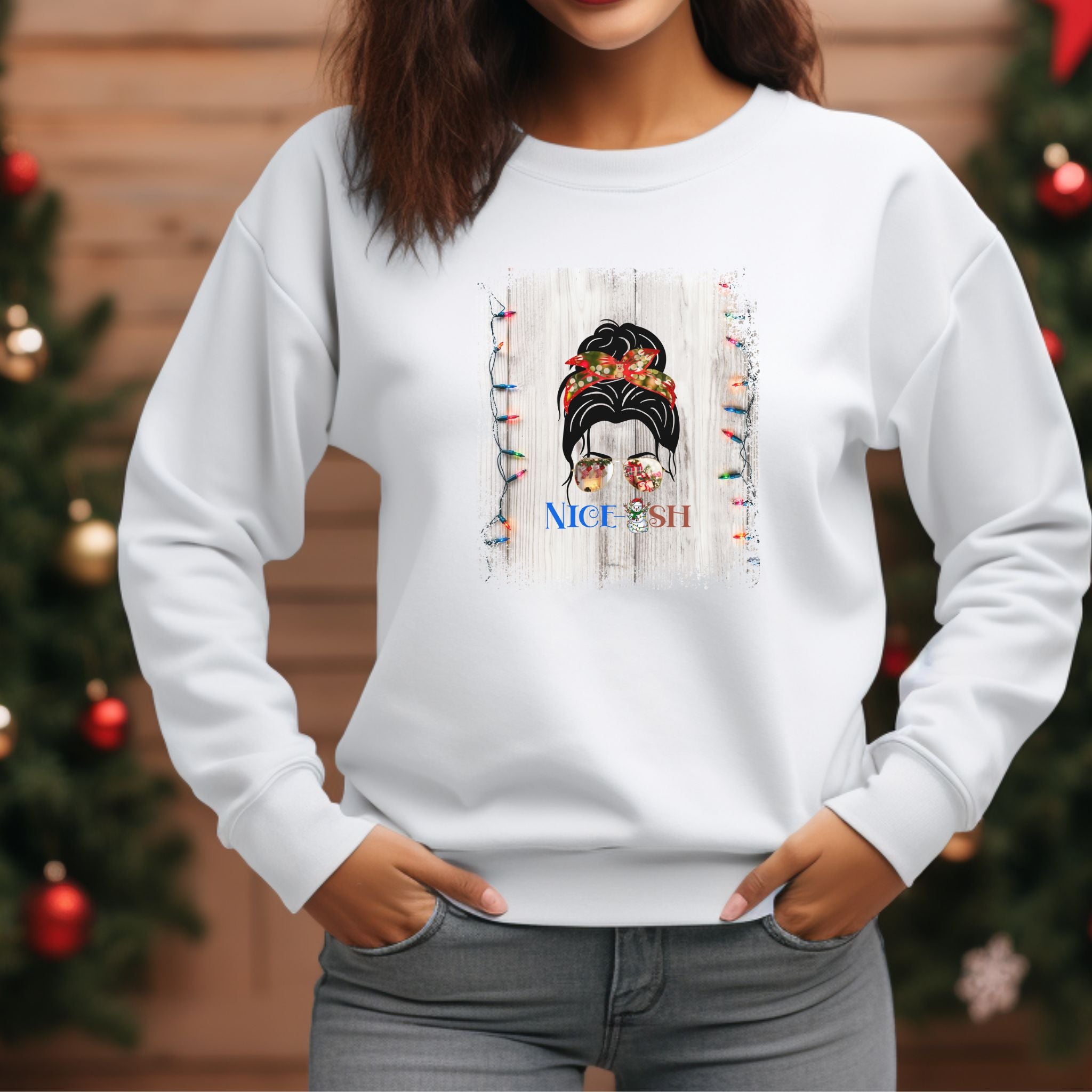 Nice-ish Christmas String Lights, Dark Hair Messy Bun, Unisex Heavy Blend™ Crewneck Sweatshirt