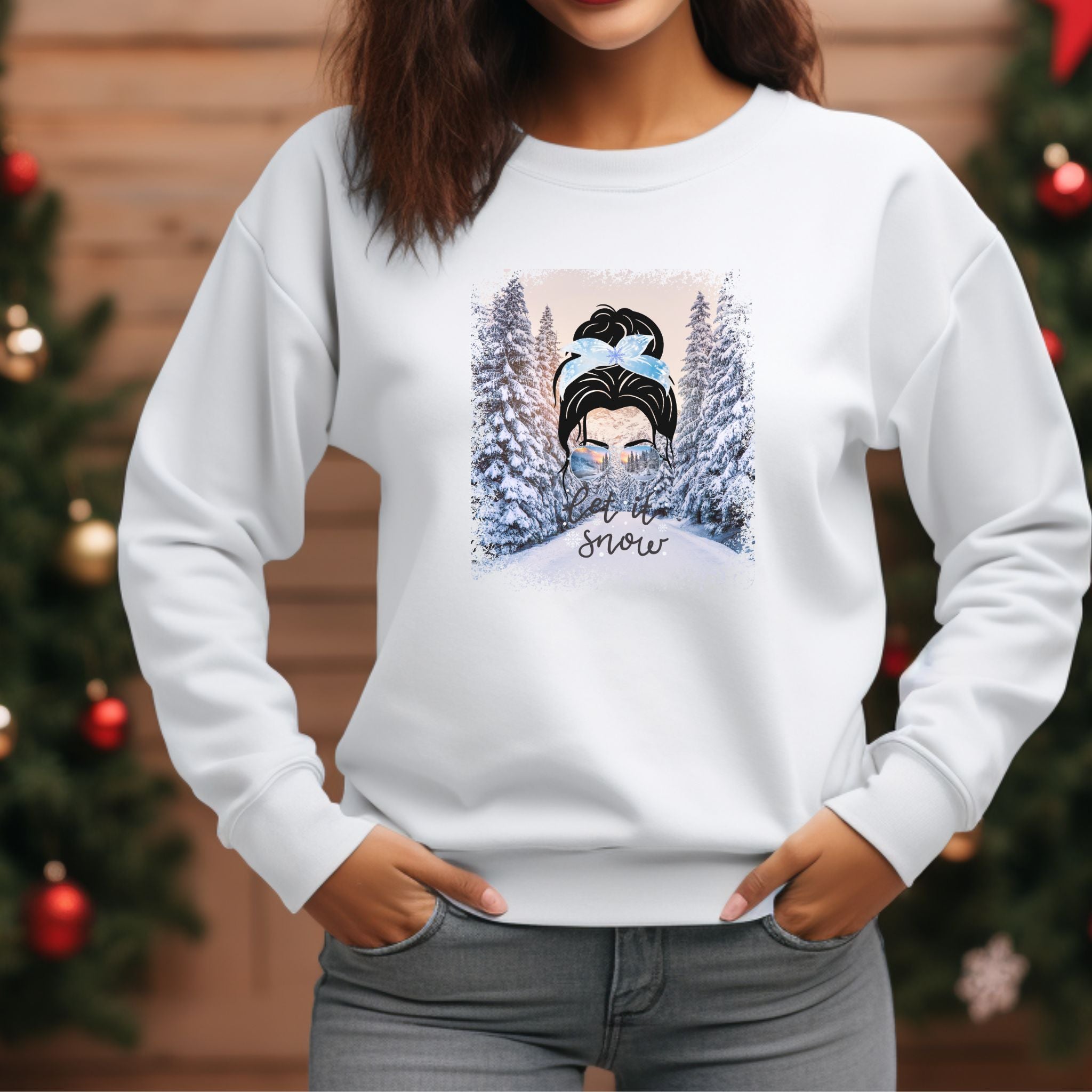 Let it Snow Winter Trail, Dark Hair Messy Bun, Unisex Heavy Blend™ Crewneck Sweatshirt