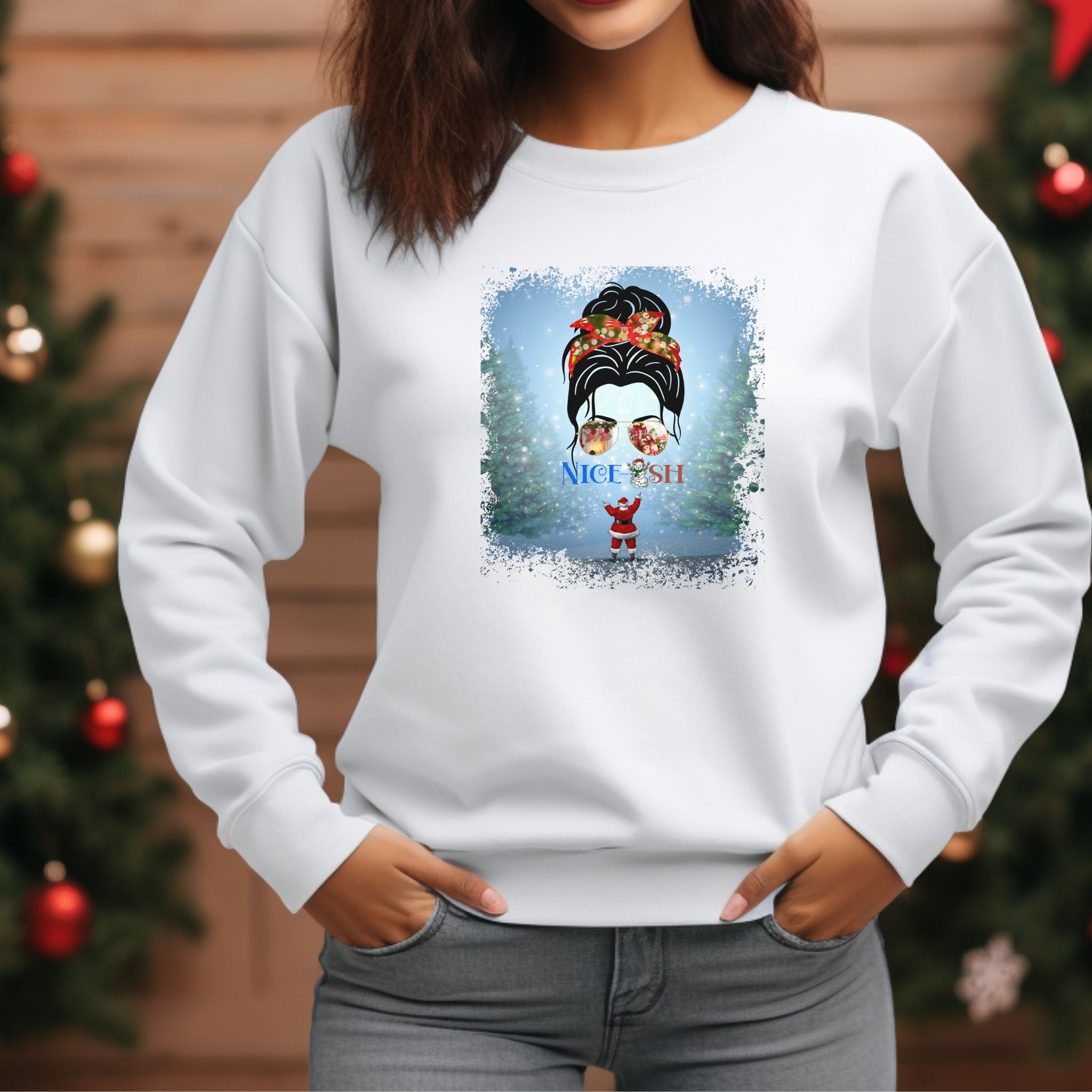 Nice-ish Santa, Dark Hair Messy Bun, Unisex Heavy Blend™ Crewneck Sweatshirt