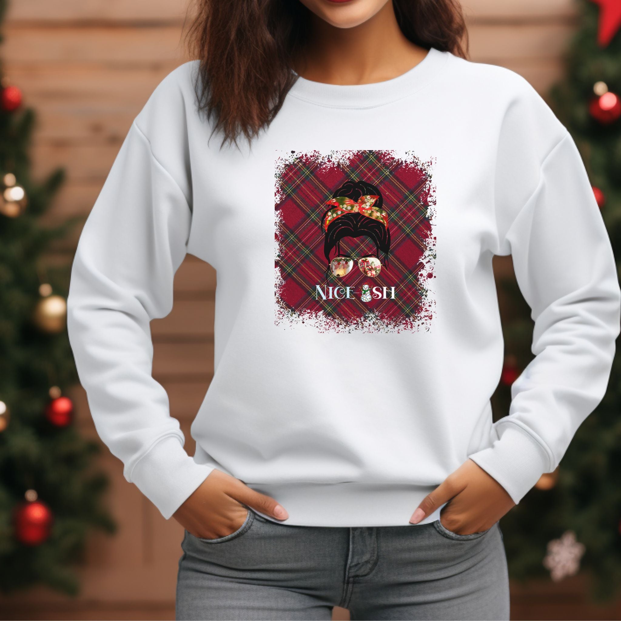 Nice-ish Christmas Plaid, Dark Hair Messy Bun, Unisex Heavy Blend™ Crewneck Sweatshirt