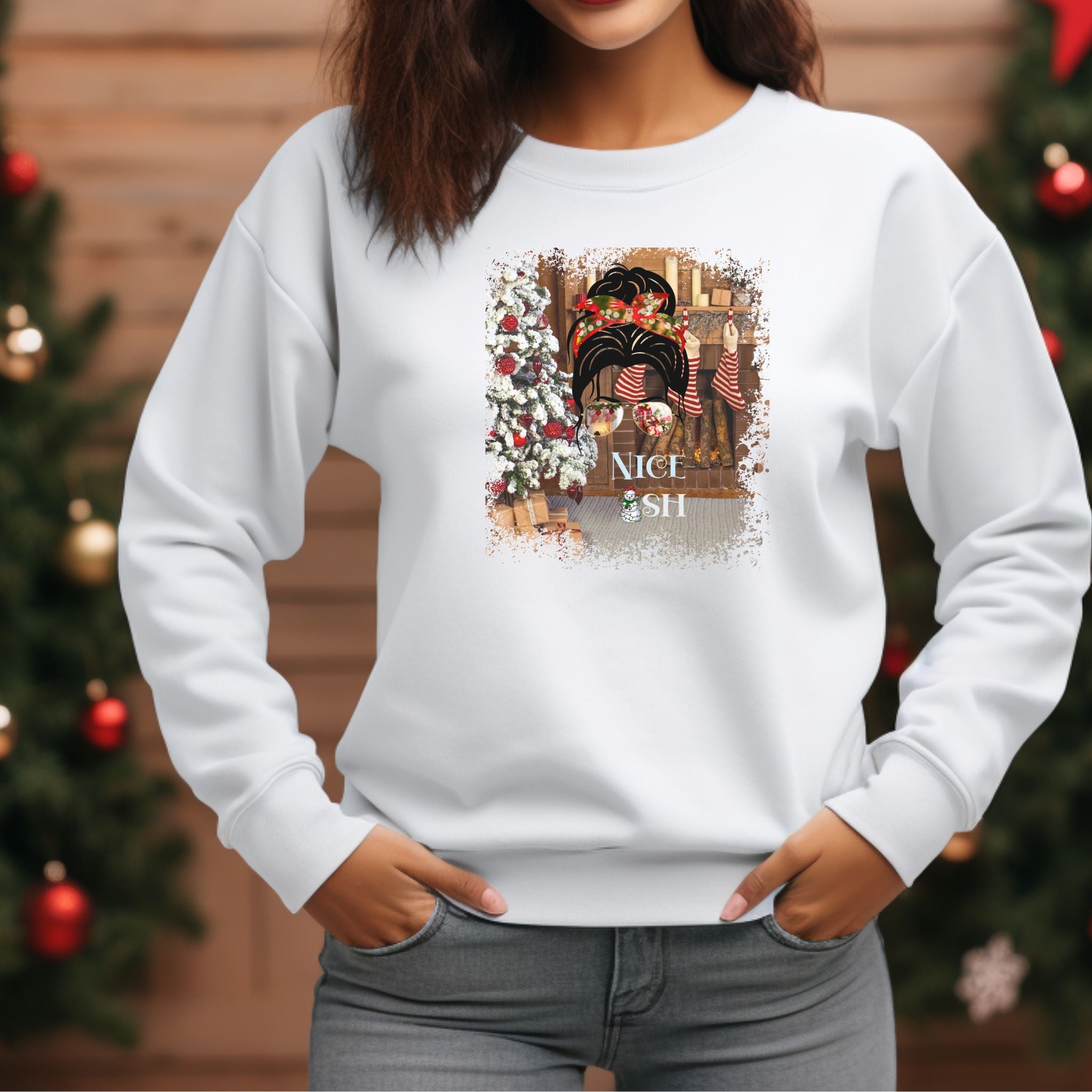 Nice-ish Christmas Home, Dark Hair Messy Bun, Unisex Heavy Blend™ Crewneck Sweatshirt