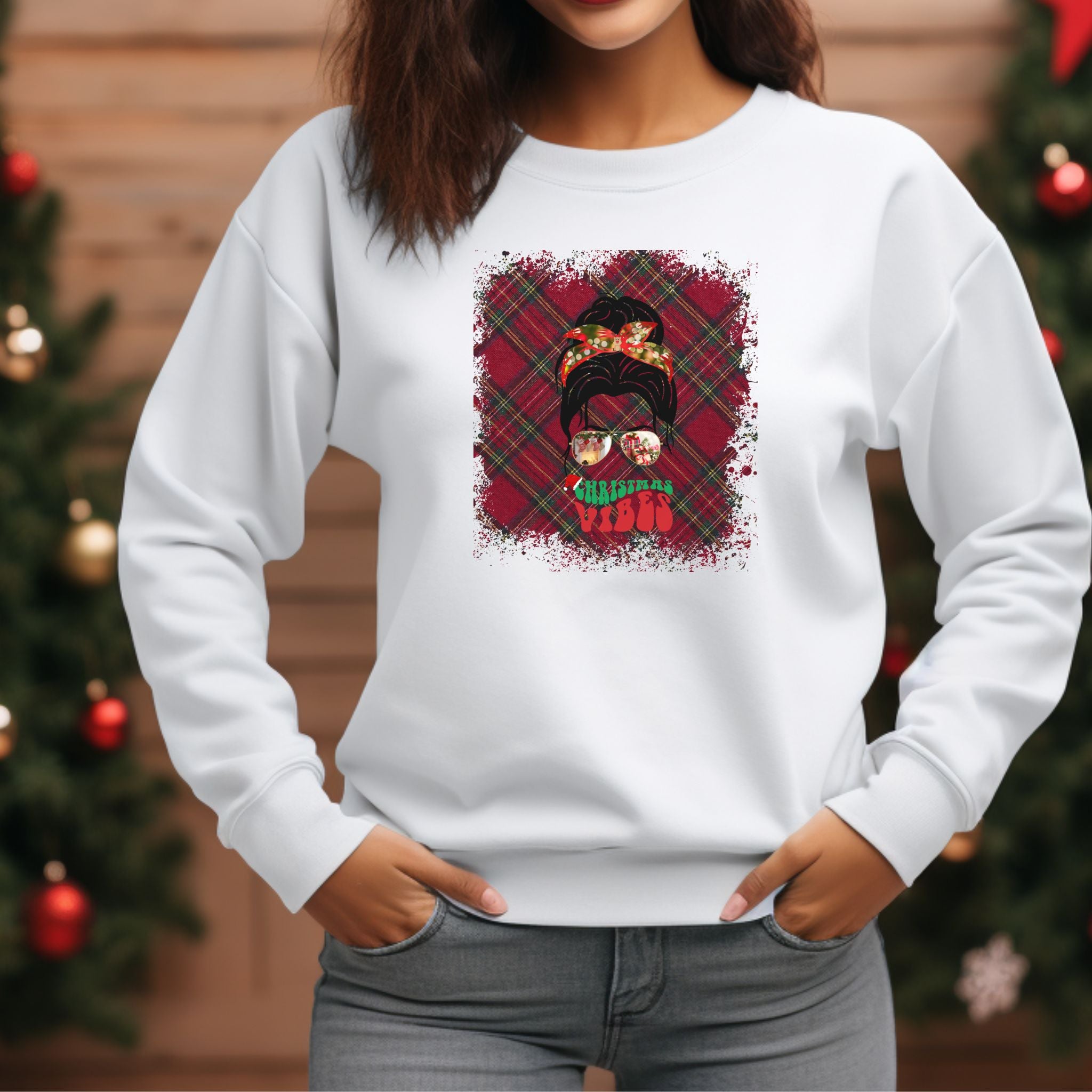 Christmas Vibes Christmas Plaid, Dark Hair Messy Bun, Unisex Heavy Blend™ Crewneck Sweatshirt