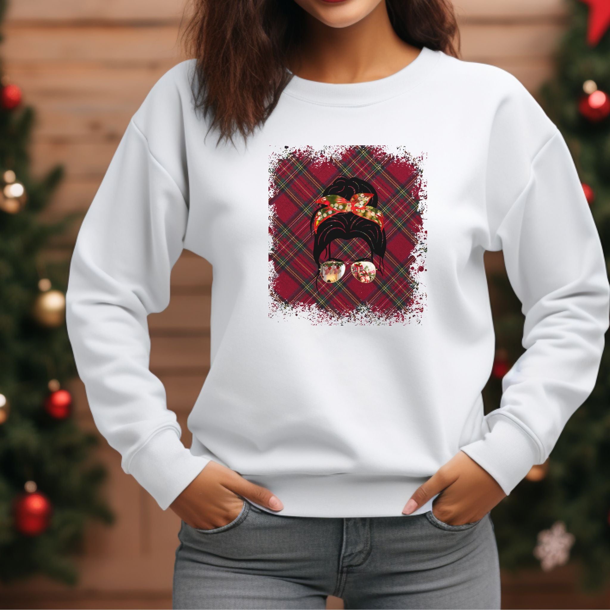 Christmas Plaid, Dark Hair Messy Bun, Unisex Heavy Blend™ Crewneck Sweatshirt