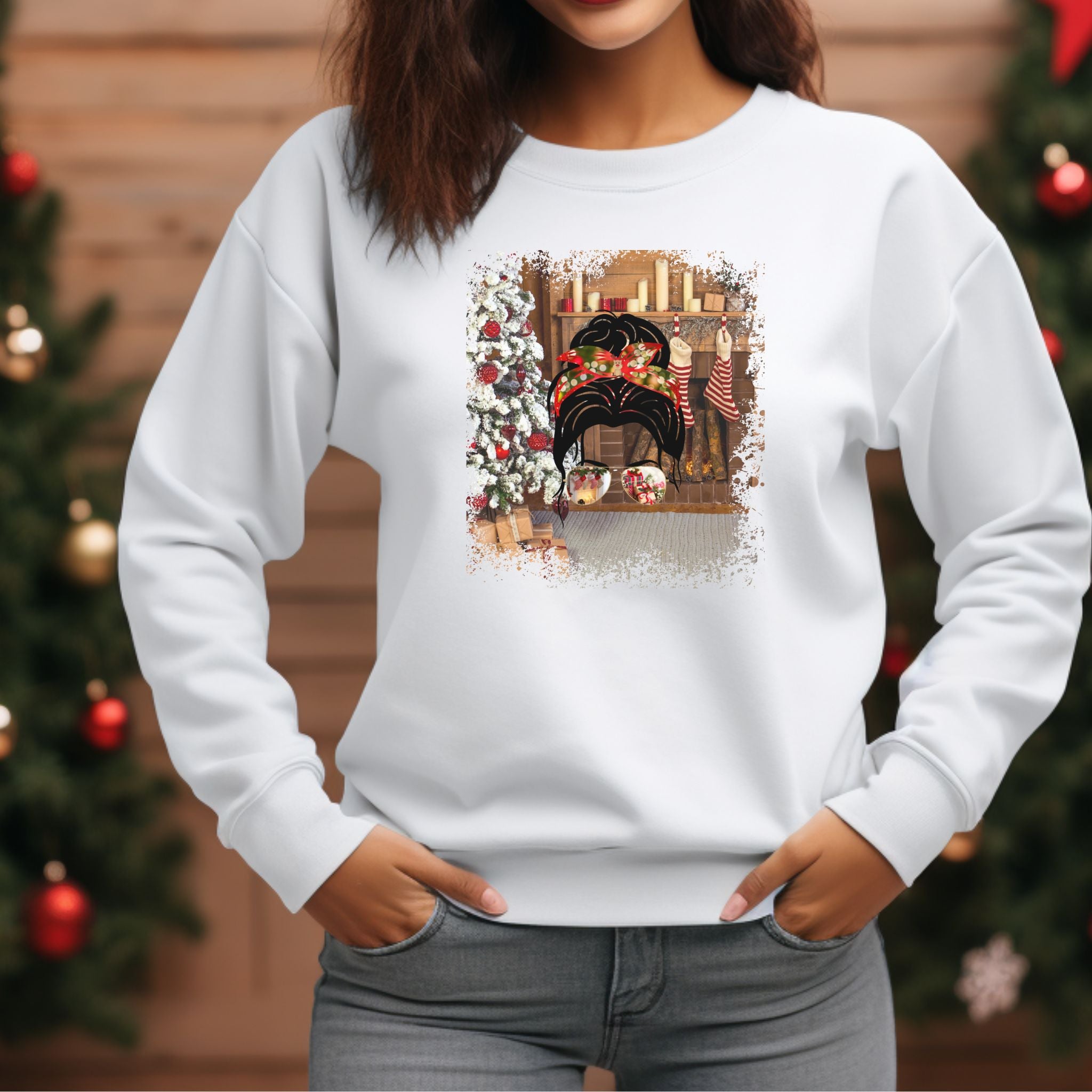 Christmas Home, Dark Hair Messy Bun, Unisex Heavy Blend™ Crewneck Sweatshirt