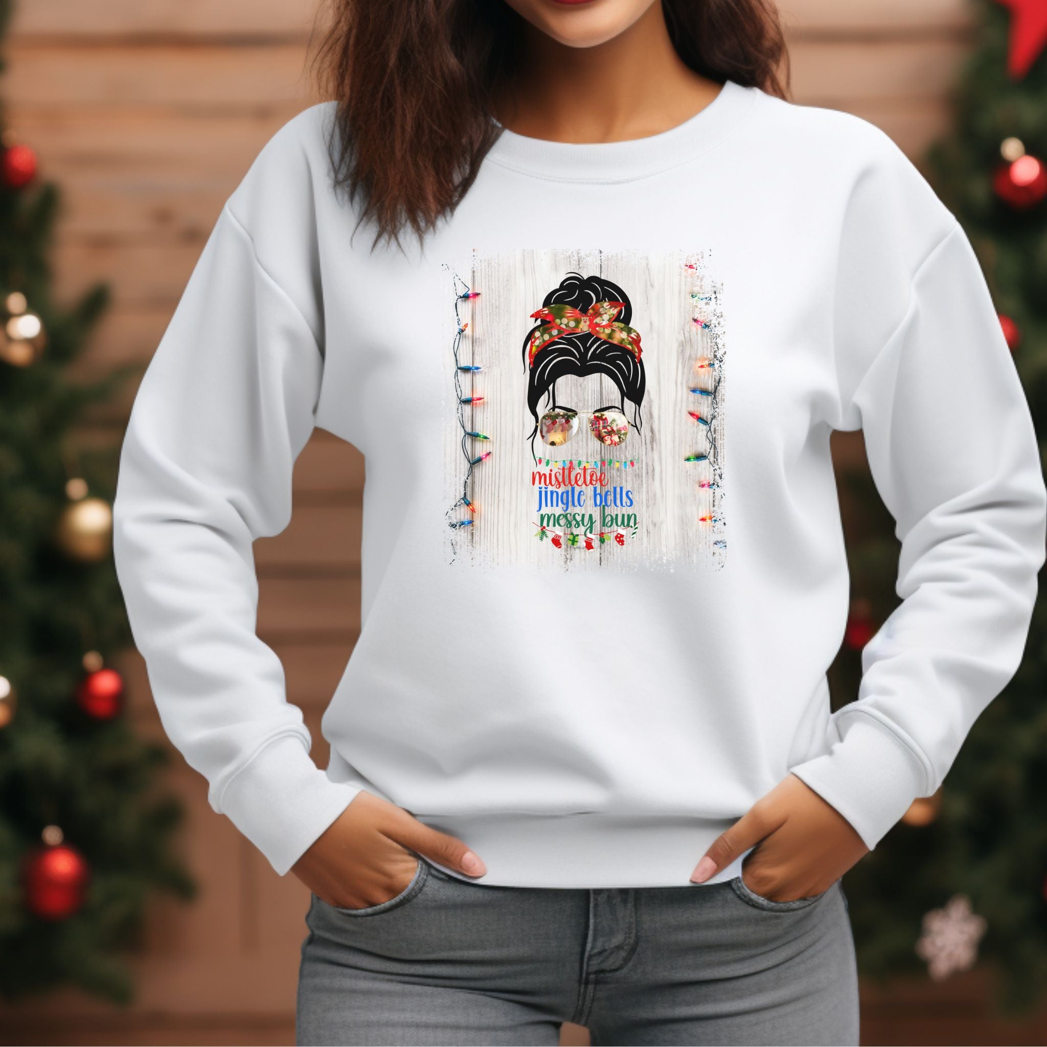 Messy Bun Christmas String Lights, Dark Hair Messy Bun, Unisex Heavy Blend™ Crewneck Sweatshirt