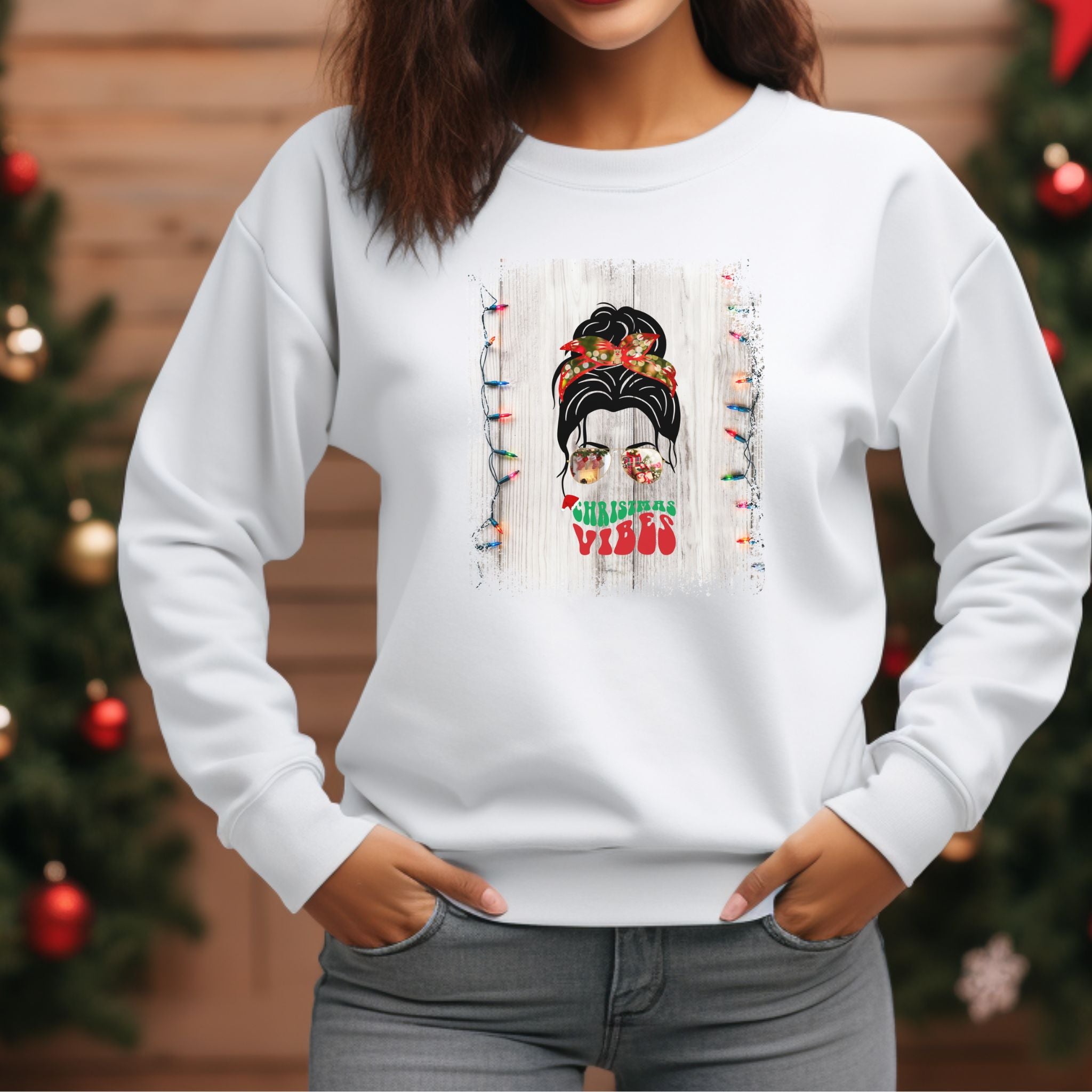 Christmas Vibes Christmas String Lights, Dark Hair Messy Bun, Unisex Heavy Blend™ Crewneck Sweatshirt