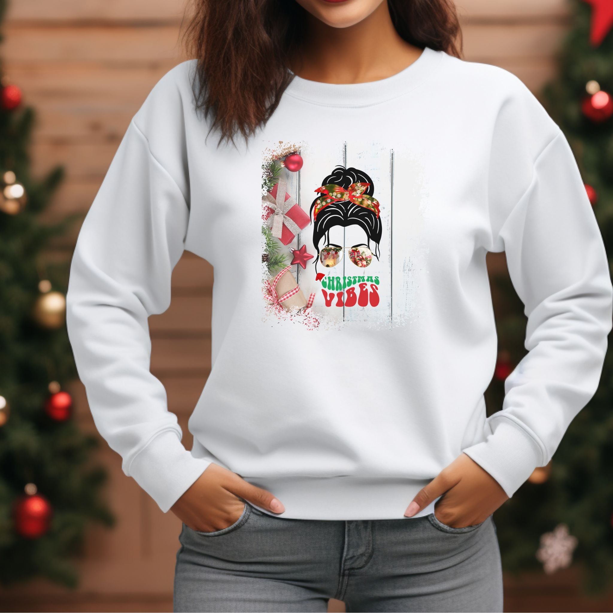 Christmas Vibes Christmas Presents, Dark Hair Messy Bun, Unisex Heavy Blend™ Crewneck Sweatshirt