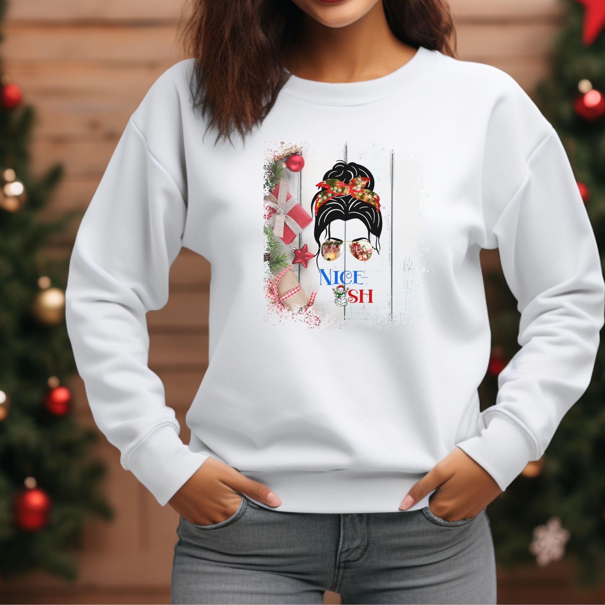 Nice-ish Christmas Presents, Dark Hair Messy Bun, Unisex Heavy Blend™ Crewneck Sweatshirt