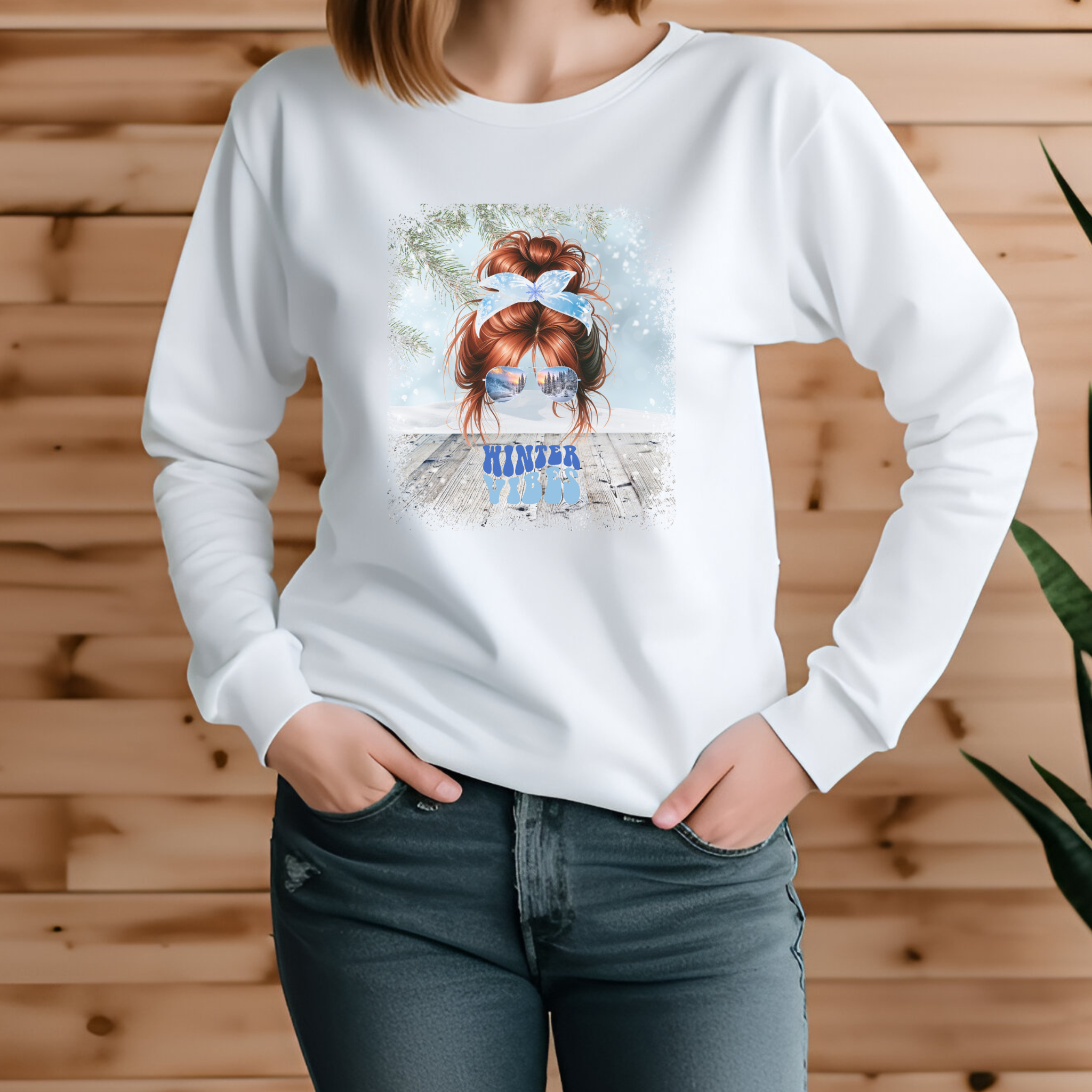 Winter Vibes Winter Snowy Porch, Red Hair Messy Bun, Unisex Jersey Long Sleeve Tee