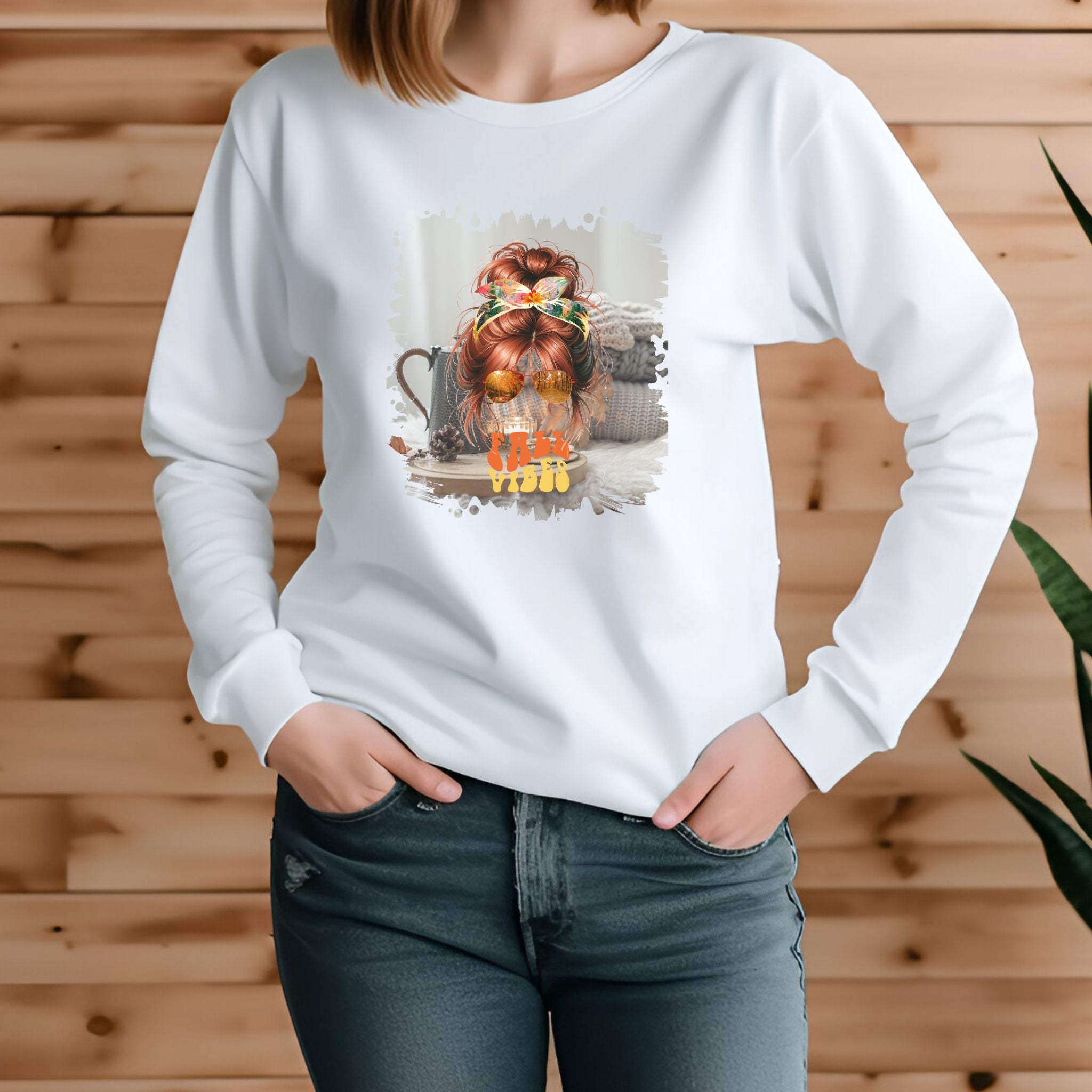 Fall Vibes Fall Sweater, Red Hair Messy Bun, Unisex Jersey Long Sleeve Tee