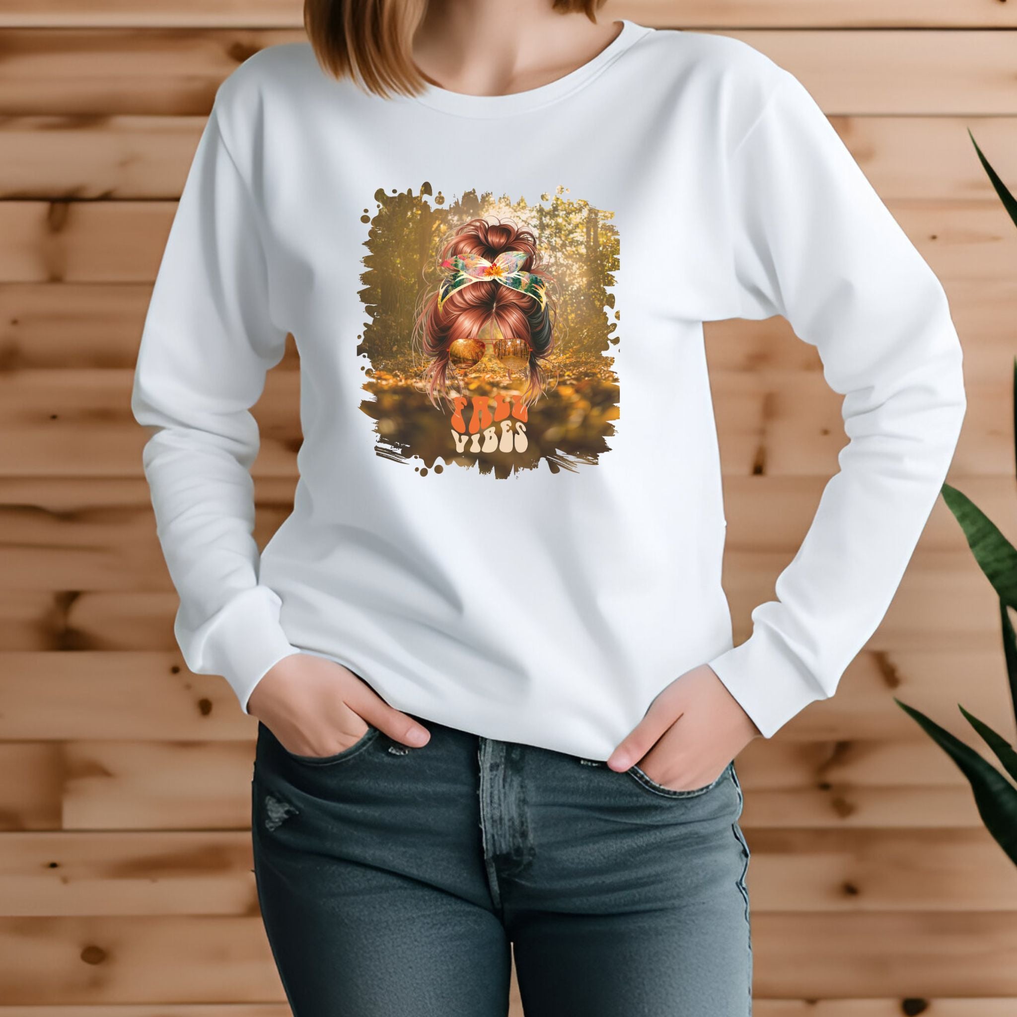 Fall Vibes Fall Forest, Red Hair Messy Bun, Unisex Jersey Long Sleeve Tee