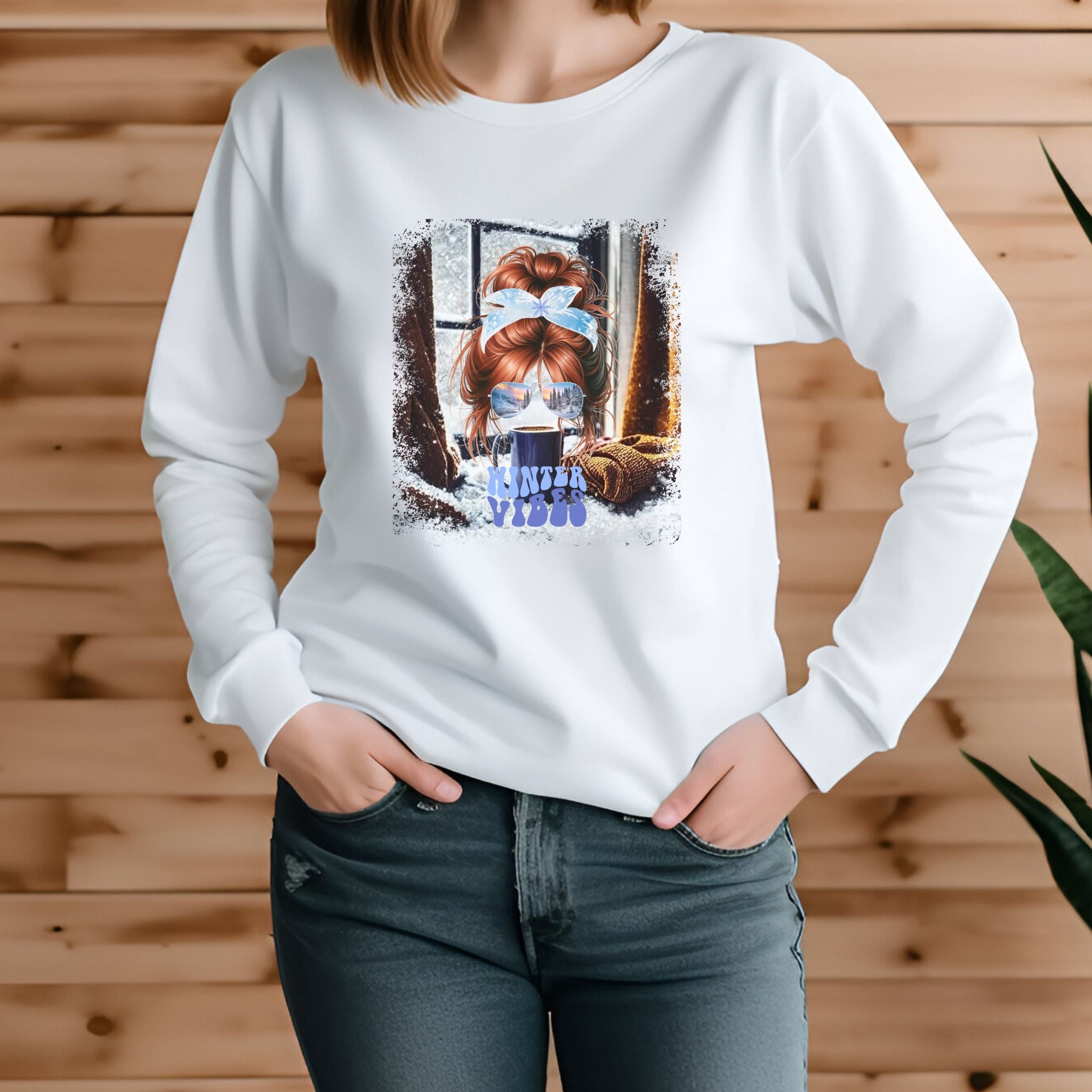 Winter Vibes Winter Home, Red Hair Messy Bun, Unisex Jersey Long Sleeve Tee