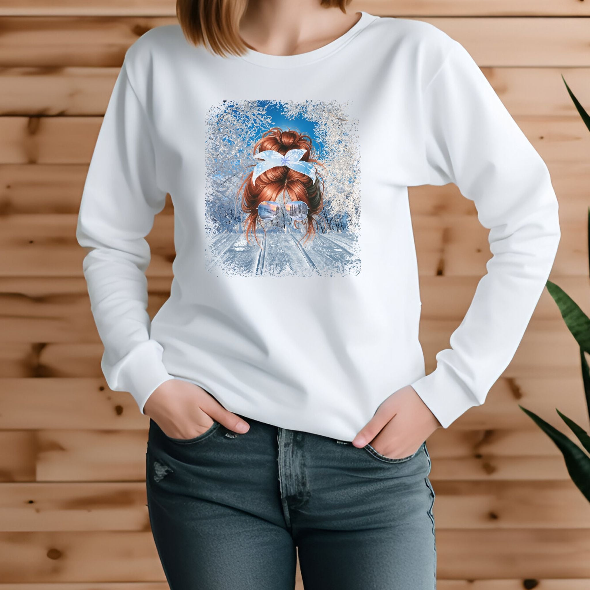 Winter Sunny Porch, Red Hair Messy Bun, Unisex Jersey Long Sleeve Tee