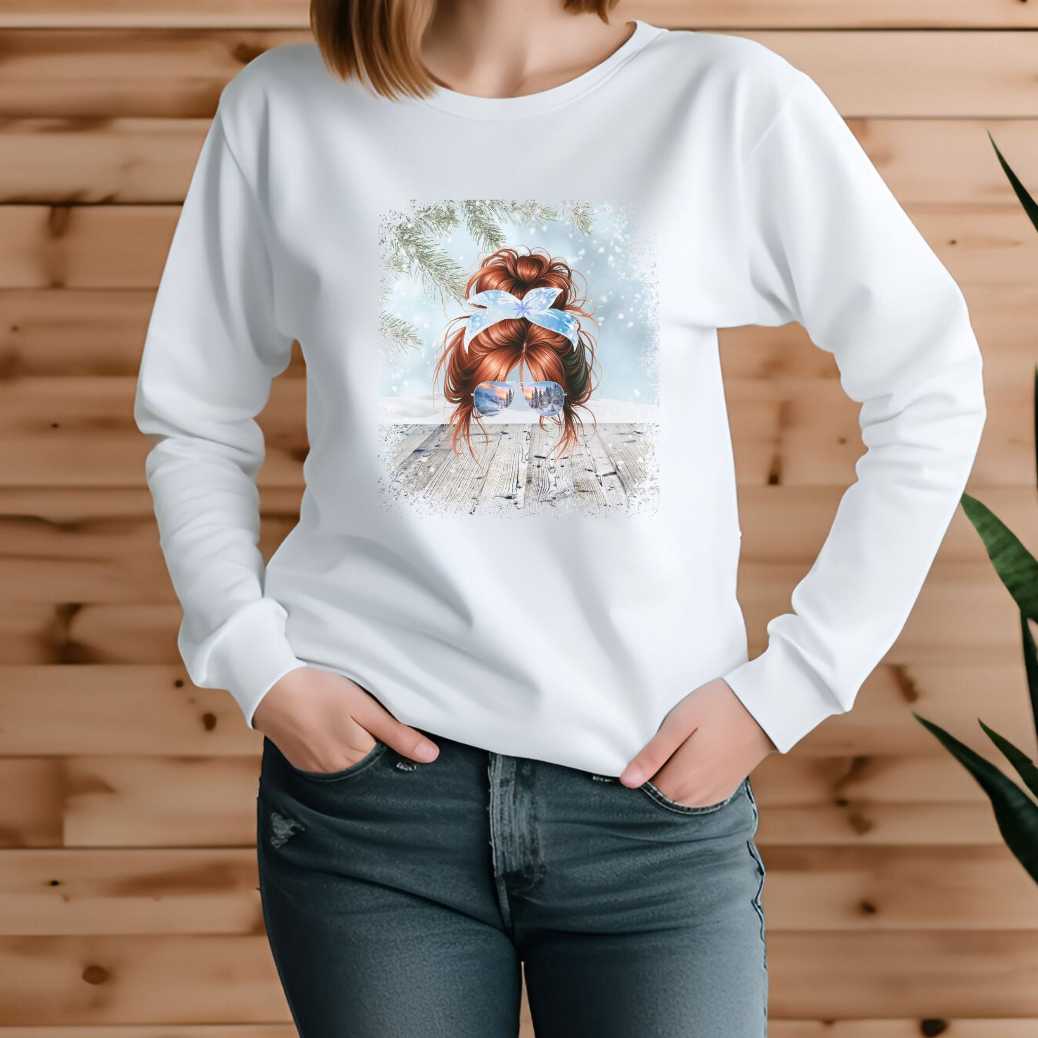 Winter Snowy Porch, Red Hair Messy Bun, Unisex Jersey Long Sleeve Tee