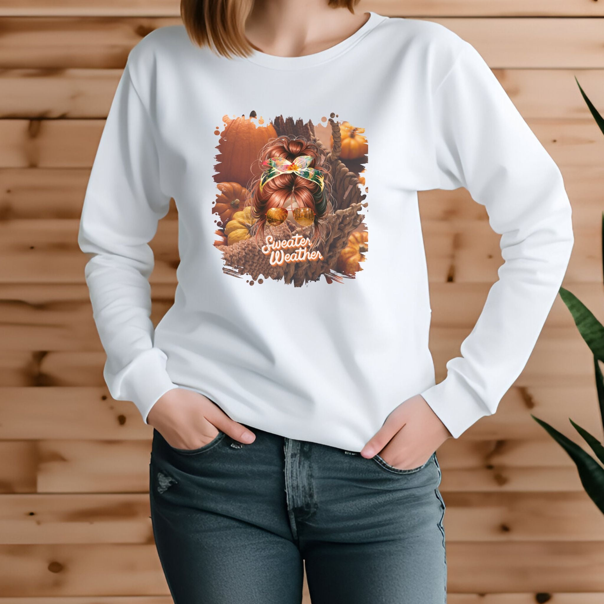 Sweater Weather Fall Pumpkins, Red Hair Messy Bun, Unisex Jersey Long Sleeve Tee