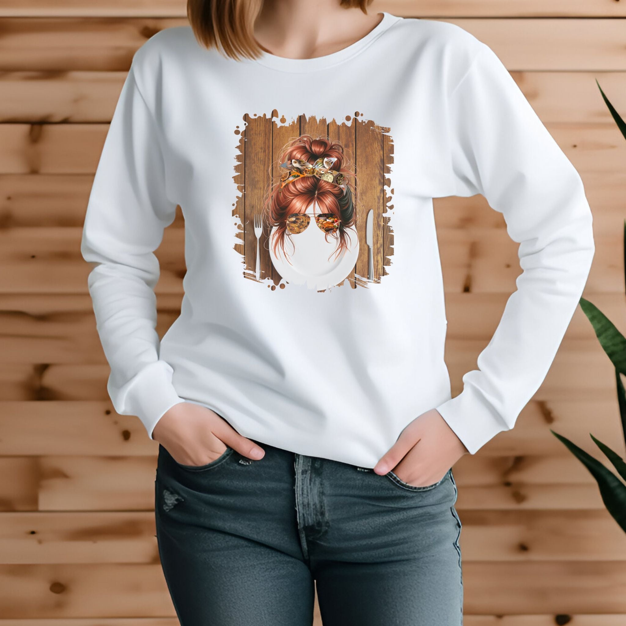 Plate Setting, Red Hair Messy Bun, Unisex Jersey Long Sleeve Tee