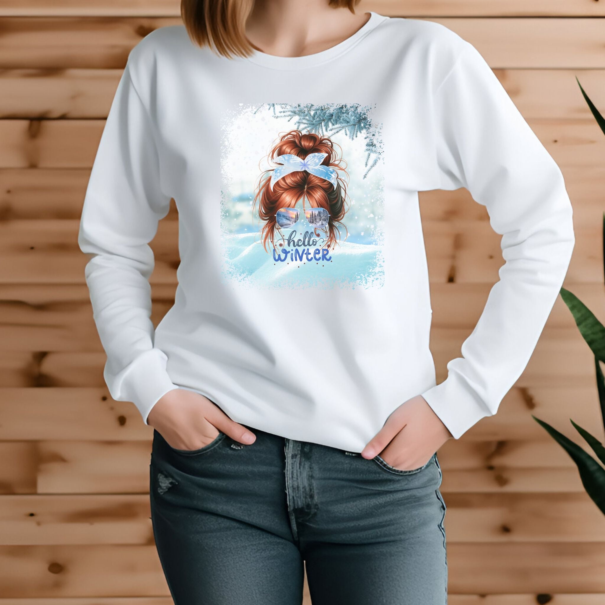 Hello Winter Snow, Red Hair Messy Bun, Unisex Jersey Long Sleeve Tee