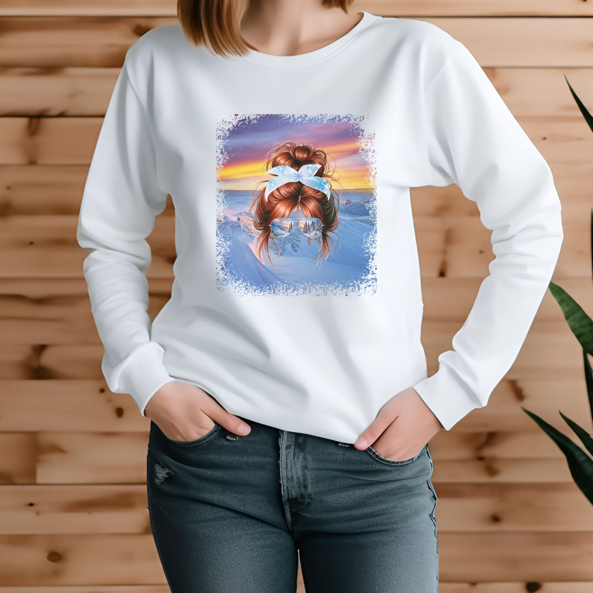 Winter Mountain, Red Hair Messy Bun, Unisex Jersey Long Sleeve Tee