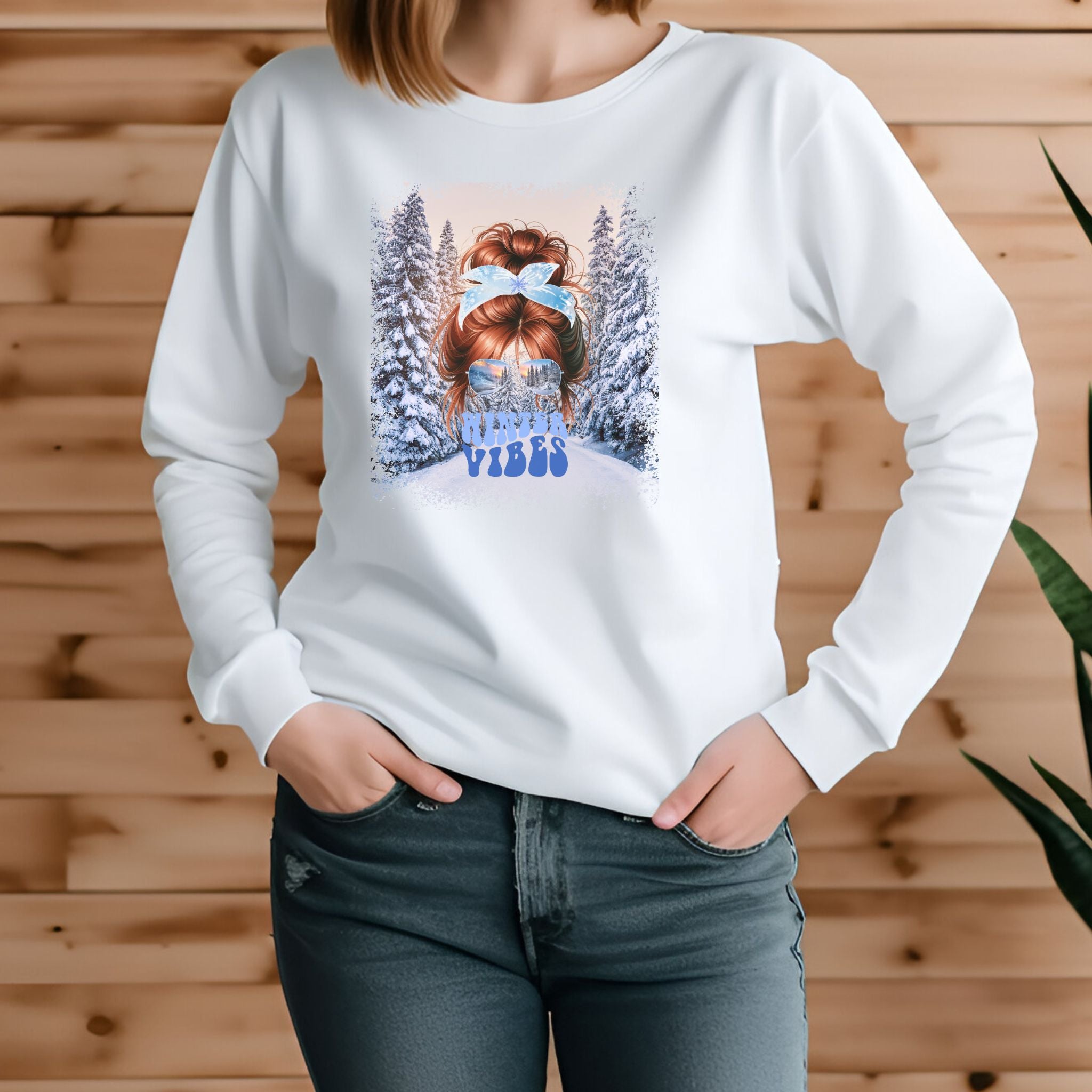 Winter Vibes Winter Trail, Red Hair Messy Bun, Unisex Jersey Long Sleeve Tee