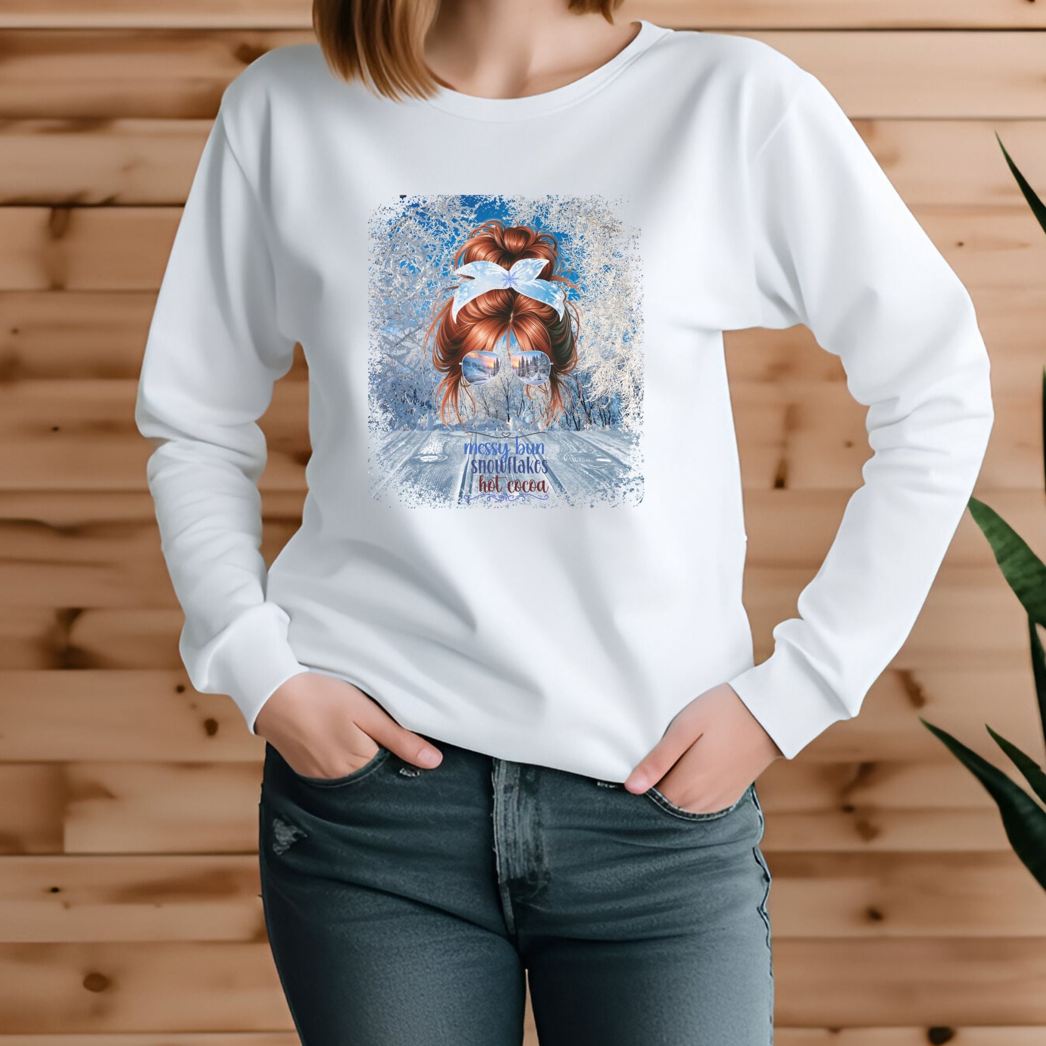 Messy Bun Winter Sunny Porch, Red Hair Messy Bun, Unisex Jersey Long Sleeve Tee