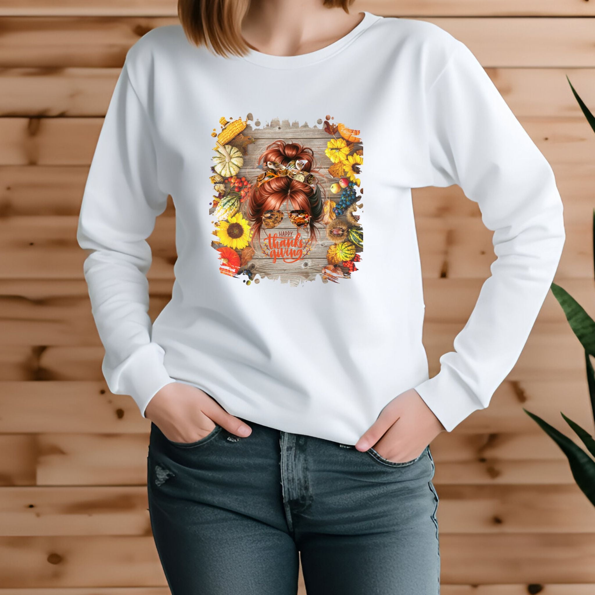 Happy Thanksgiving Decorated Background, Red Hair Messy Bun, Unisex Jersey Long Sleeve Tee