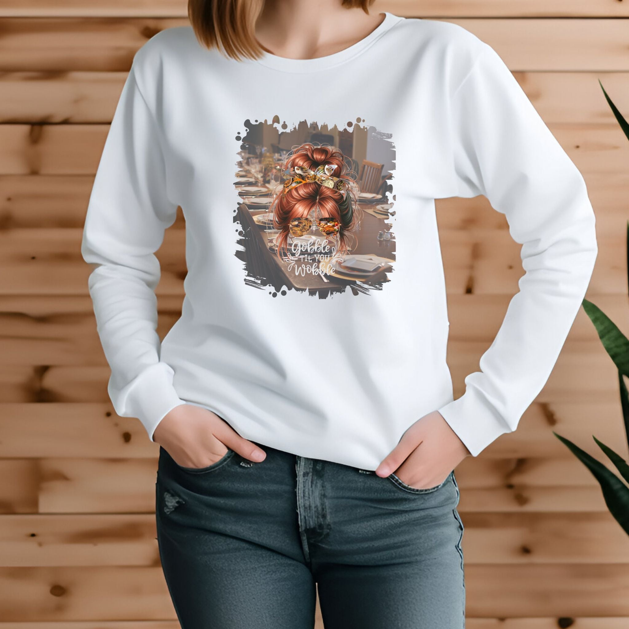 Gobble til You Wobble Table Setting, Red Hair Messy Bun, Unisex Jersey Long Sleeve Tee