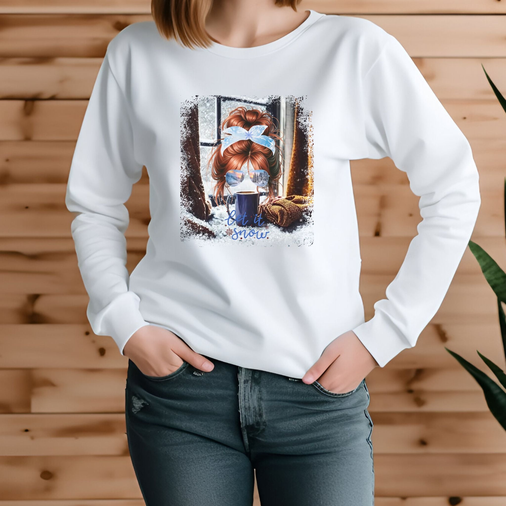 Let it Snow Winter Home, Red Hair Messy Bun, Unisex Jersey Long Sleeve Tee