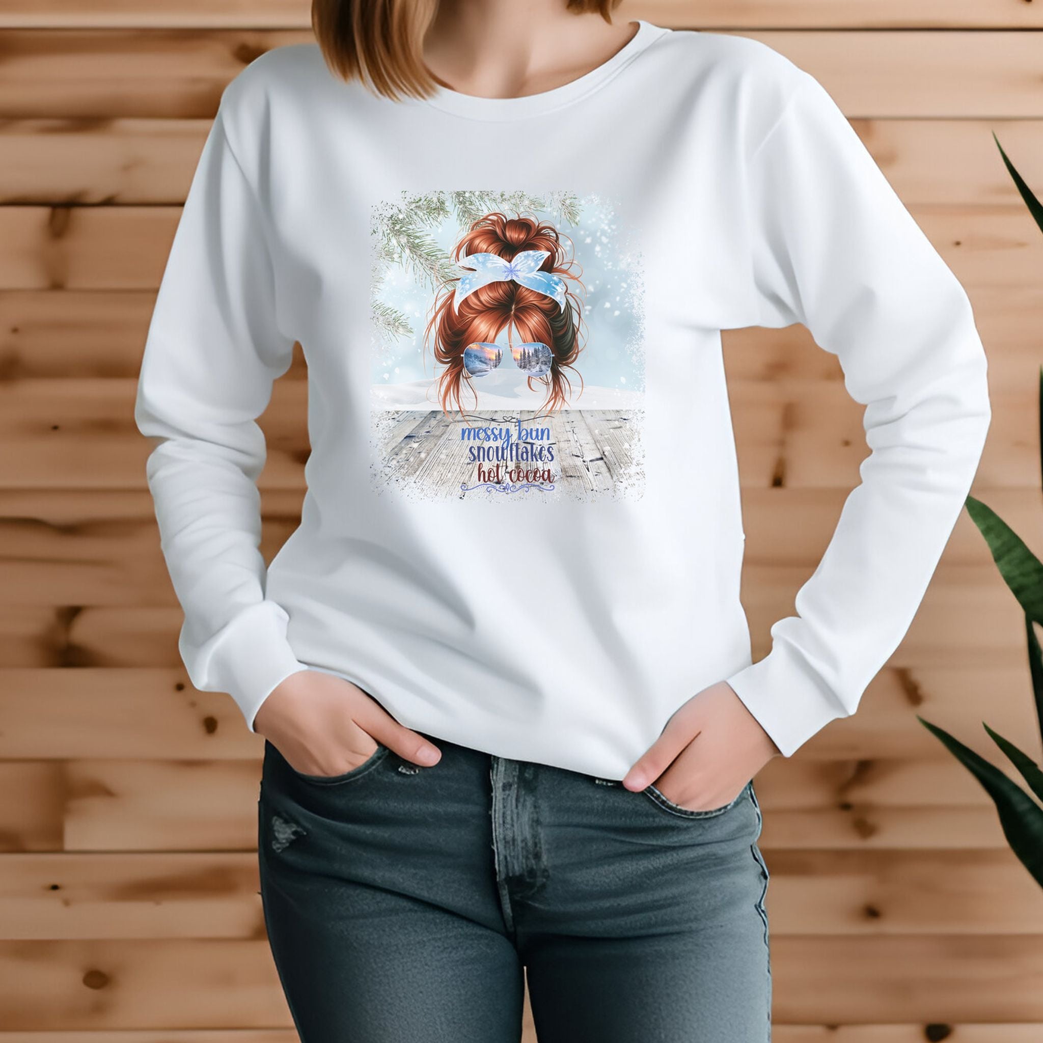 Messy Bun Winter Snowy Porch, Red Hair Messy Bun, Unisex Jersey Long Sleeve Tee