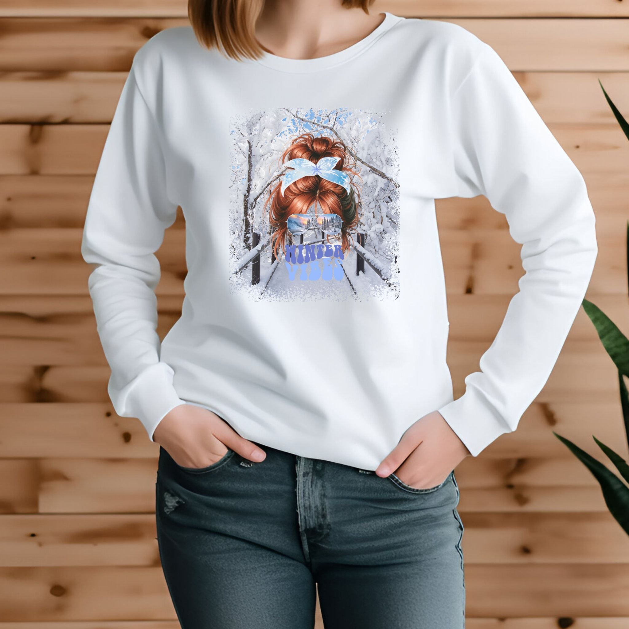 Winter Vibes Winter Hike, Red Hair Messy Bun, Unisex Jersey Long Sleeve Tee