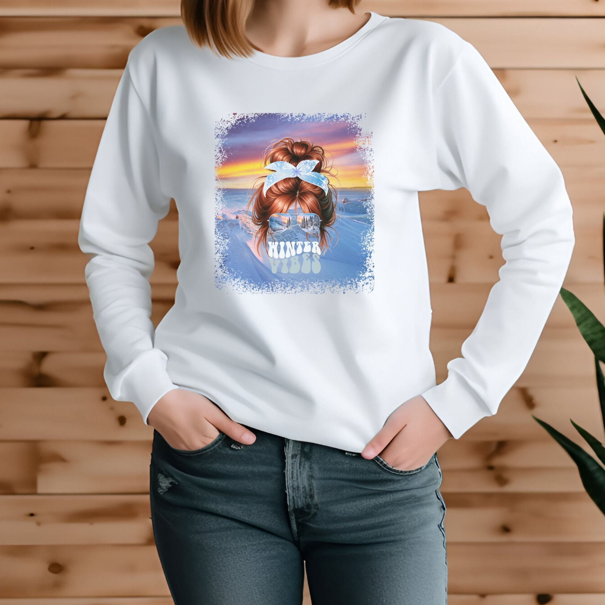 Winter Vibes Winter Mountain, Red Hair Messy Bun, Unisex Jersey Long Sleeve Tee