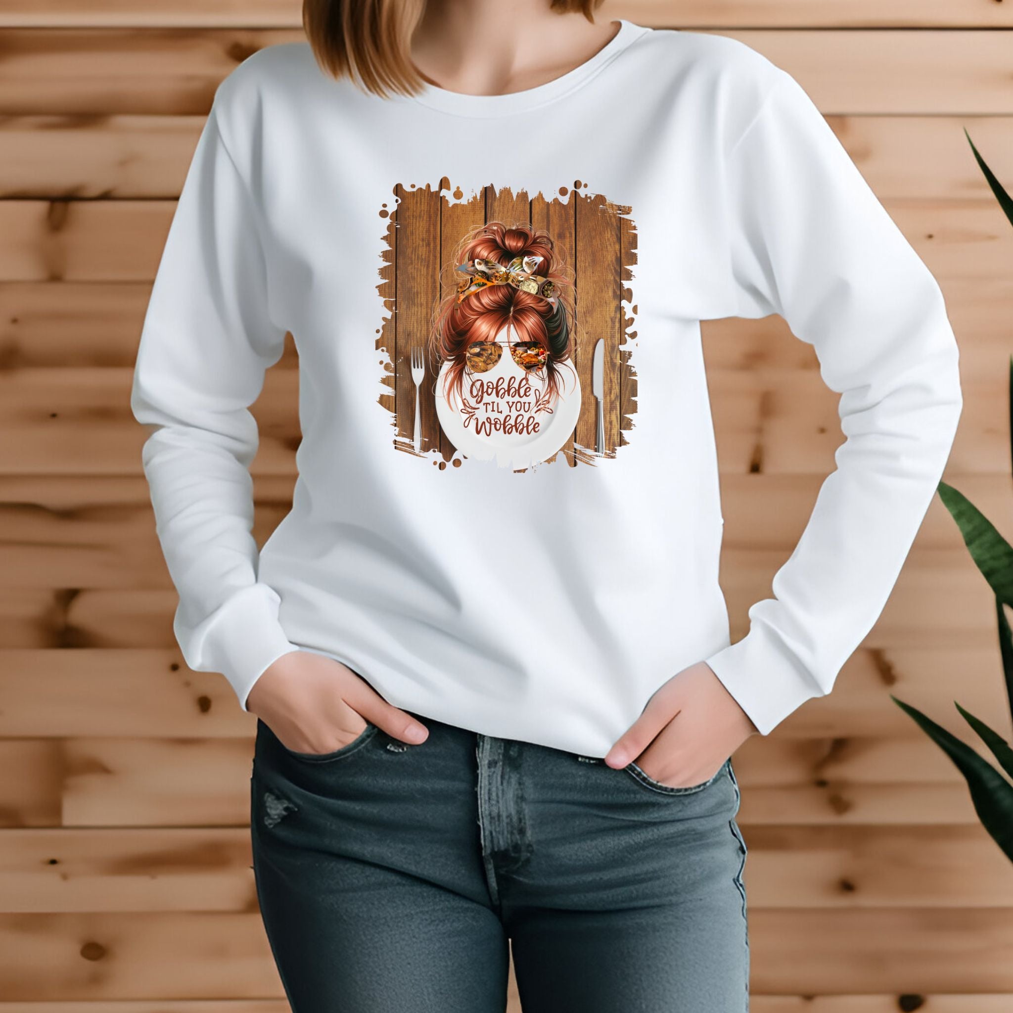 Gobble til You Wobble Plate Setting, Red Hair Messy Bun, Unisex Jersey Long Sleeve Tee