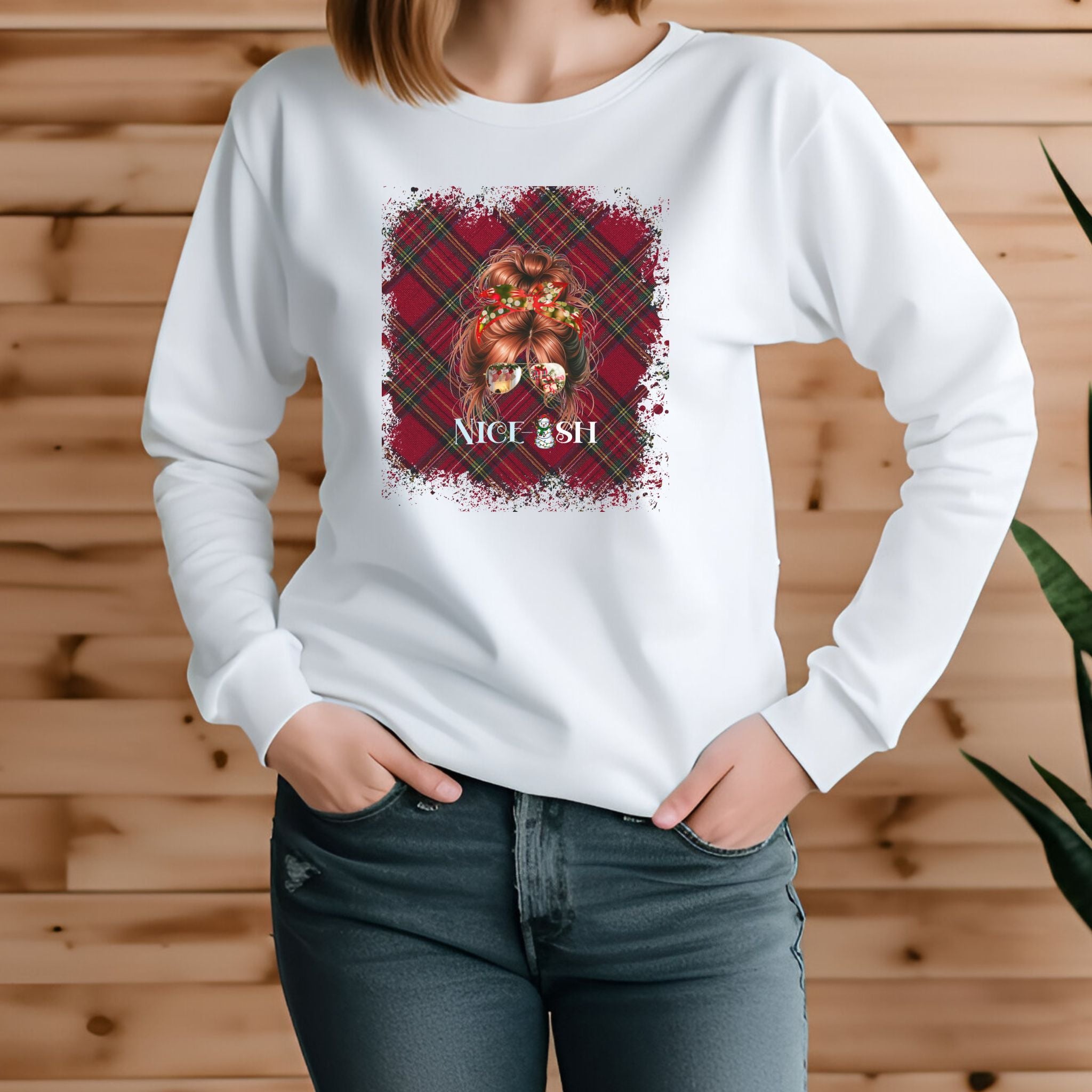 Nice-ish Christmas Plaid, Red Hair Messy Bun, Unisex Jersey Long Sleeve Tee