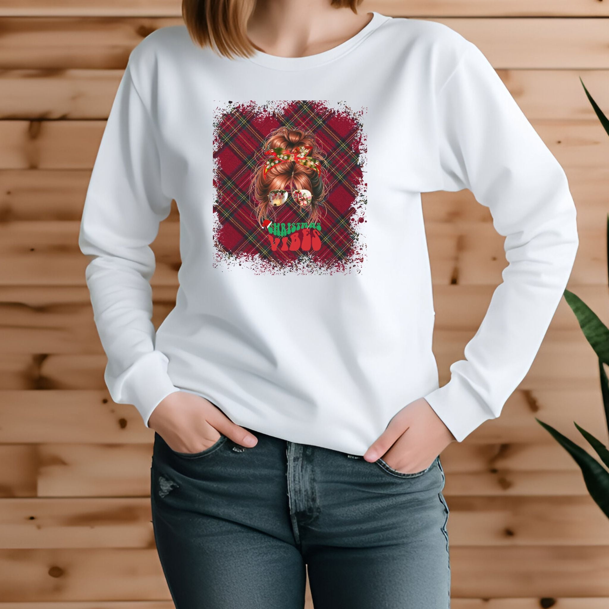 Christmas Vibes Christmas Plaid, Red Hair Messy Bun, Unisex Jersey Long Sleeve Tee