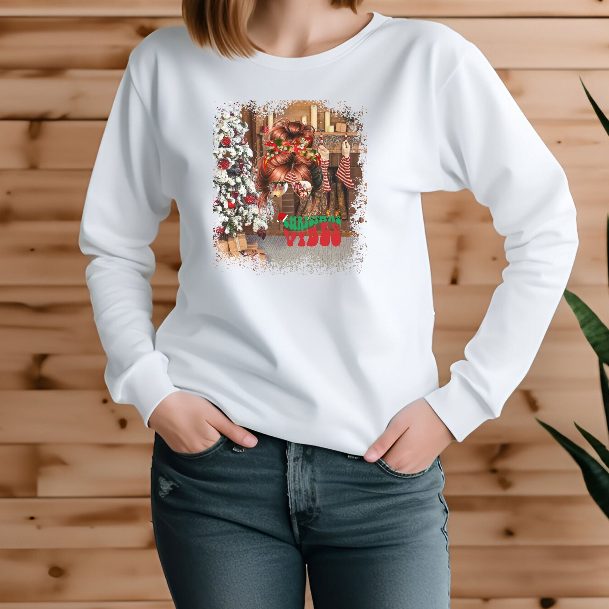 Christmas Vibes Christmas Home, Red Hair Messy Bun, Unisex Jersey Long Sleeve Tee