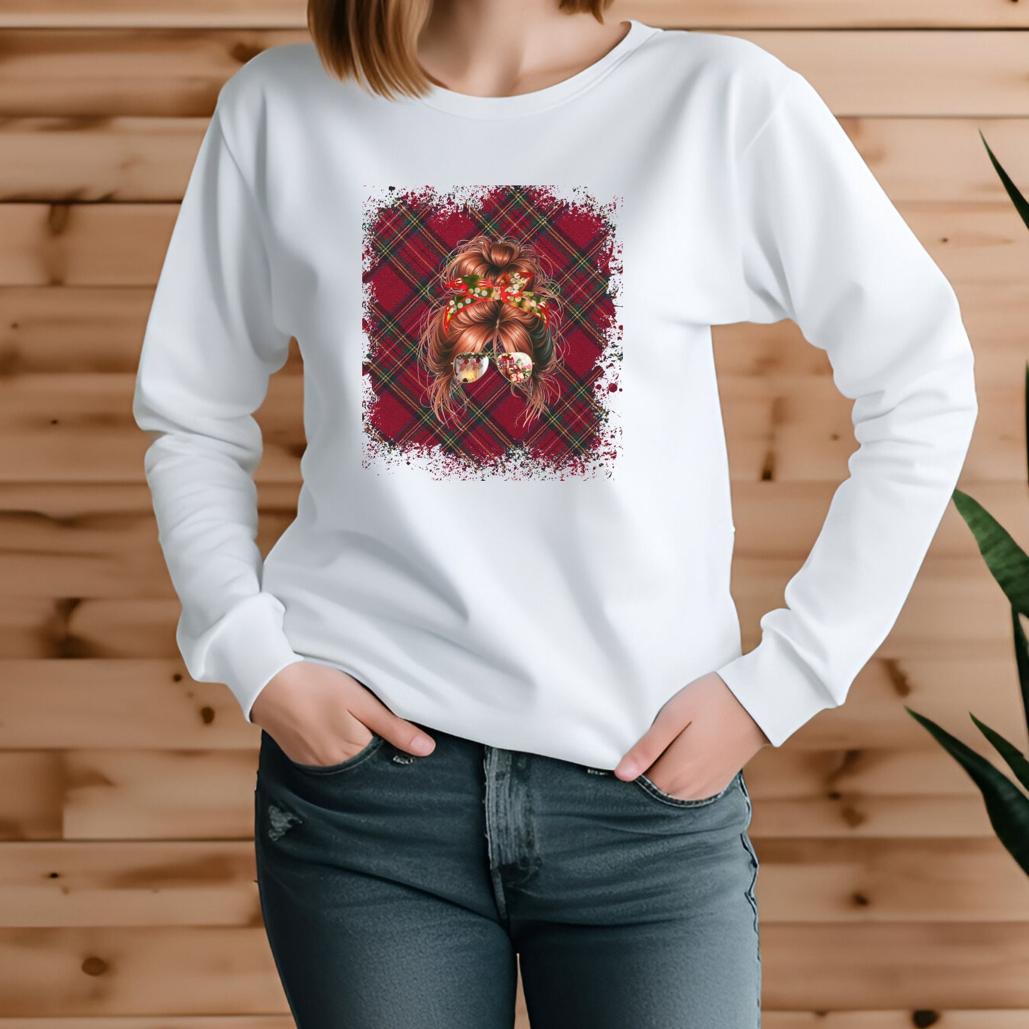 Christmas Plaid, Red Hair Messy Bun, Unisex Jersey Long Sleeve Tee