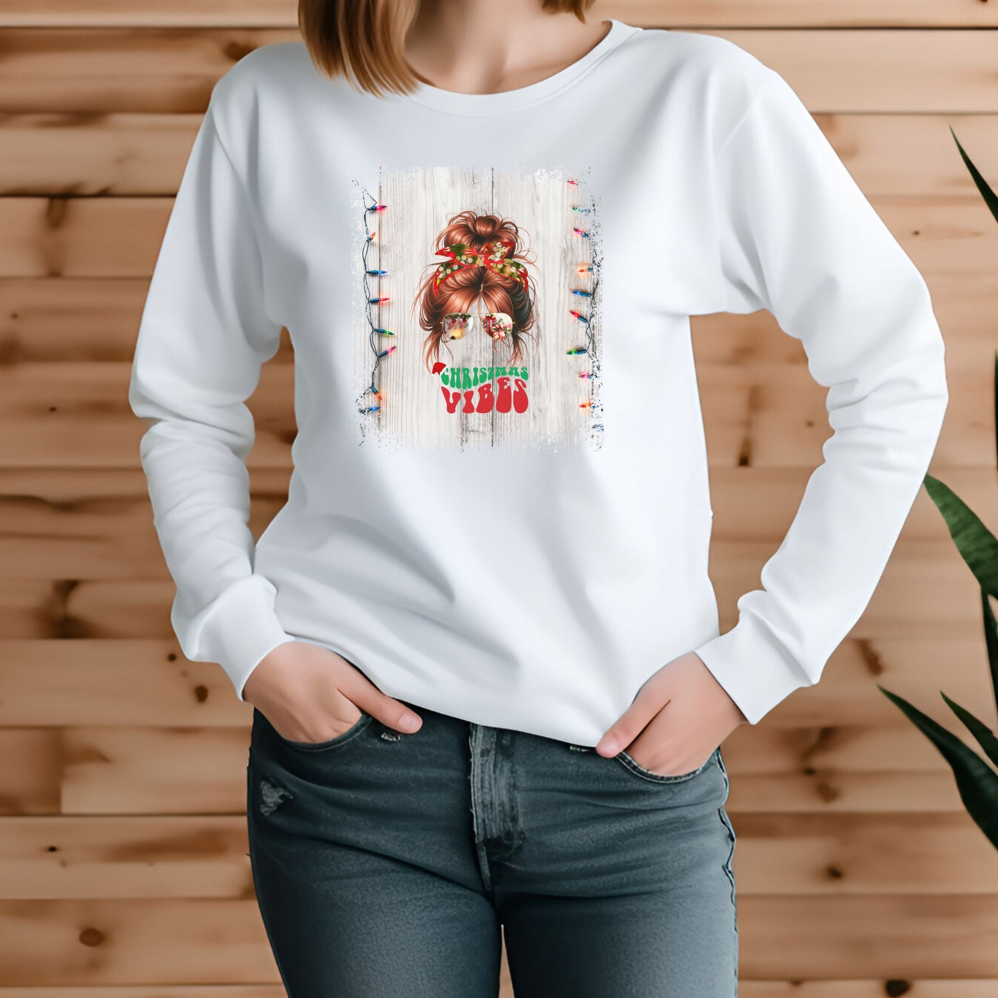 Christmas Vibes Christmas Lights String, Red Hair Messy Bun, Unisex Jersey Long Sleeve Tee