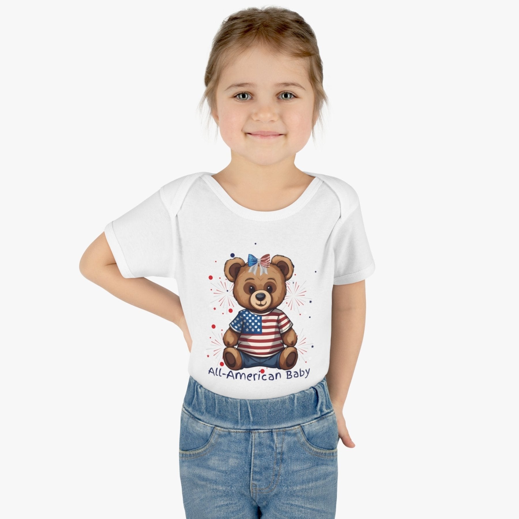 All American Baby, Bear with Bow, Onesie, Bodysuit, 0M-24M - Janlyn's Crafts