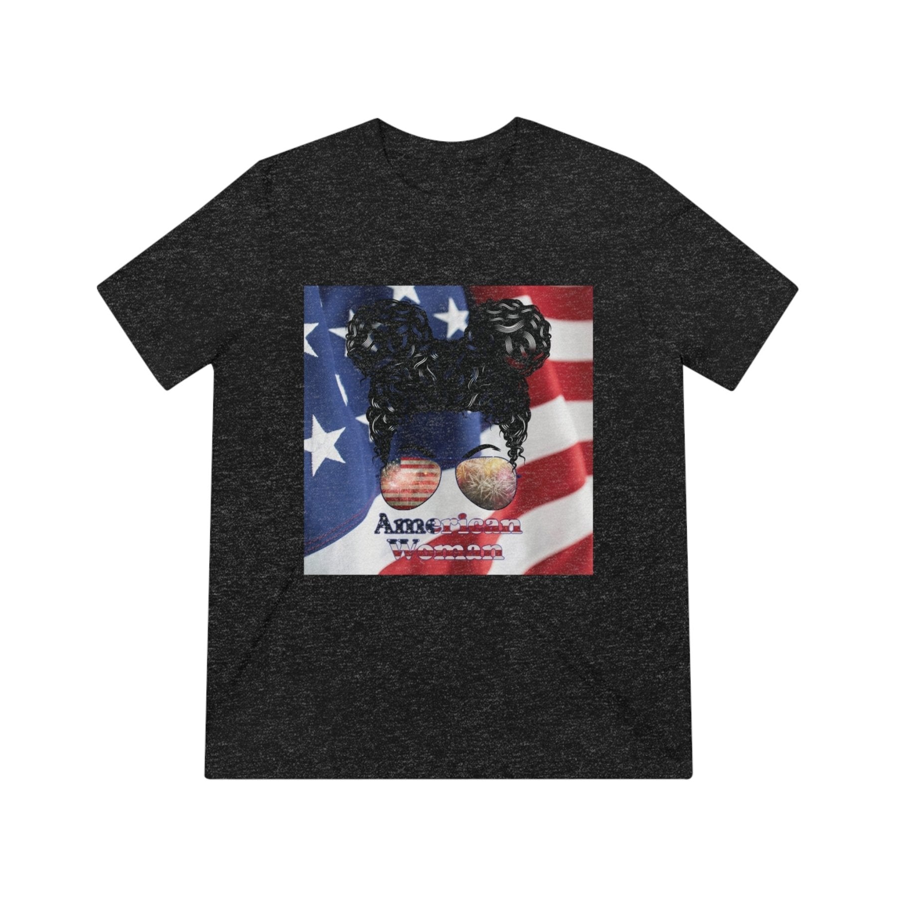 American Woman, Black Hair, American Flag Background, Unisex Triblend T-Shirt - Janlyn's Crafts