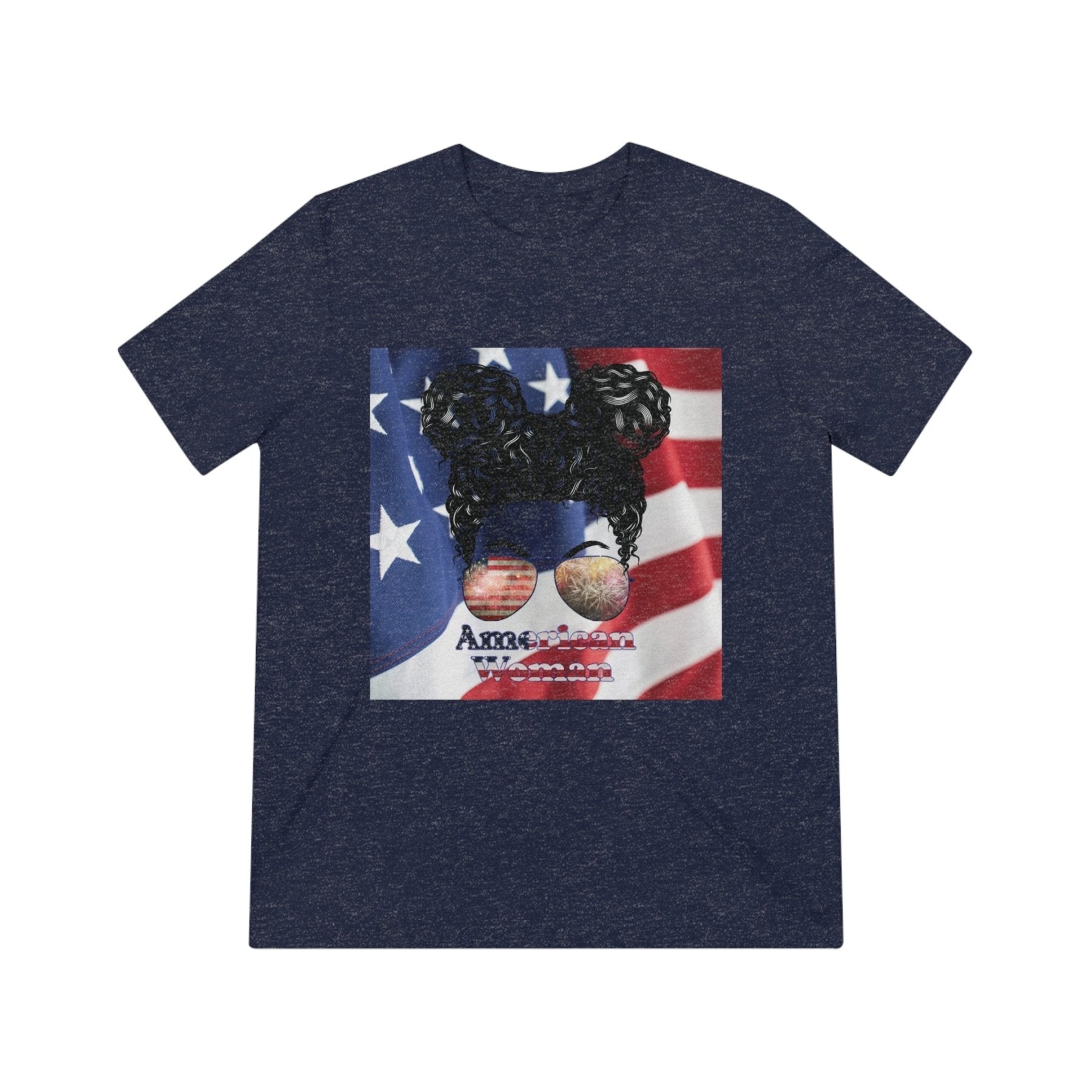 American Woman, Black Hair, American Flag Background, Unisex Triblend T-Shirt - Janlyn's Crafts